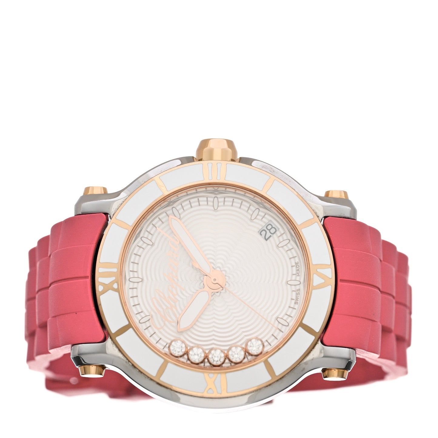 Stainless Steel 18K Rose Gold Rubber 5 Diamond 36mm Happy Sport Guilloche Quartz Watch