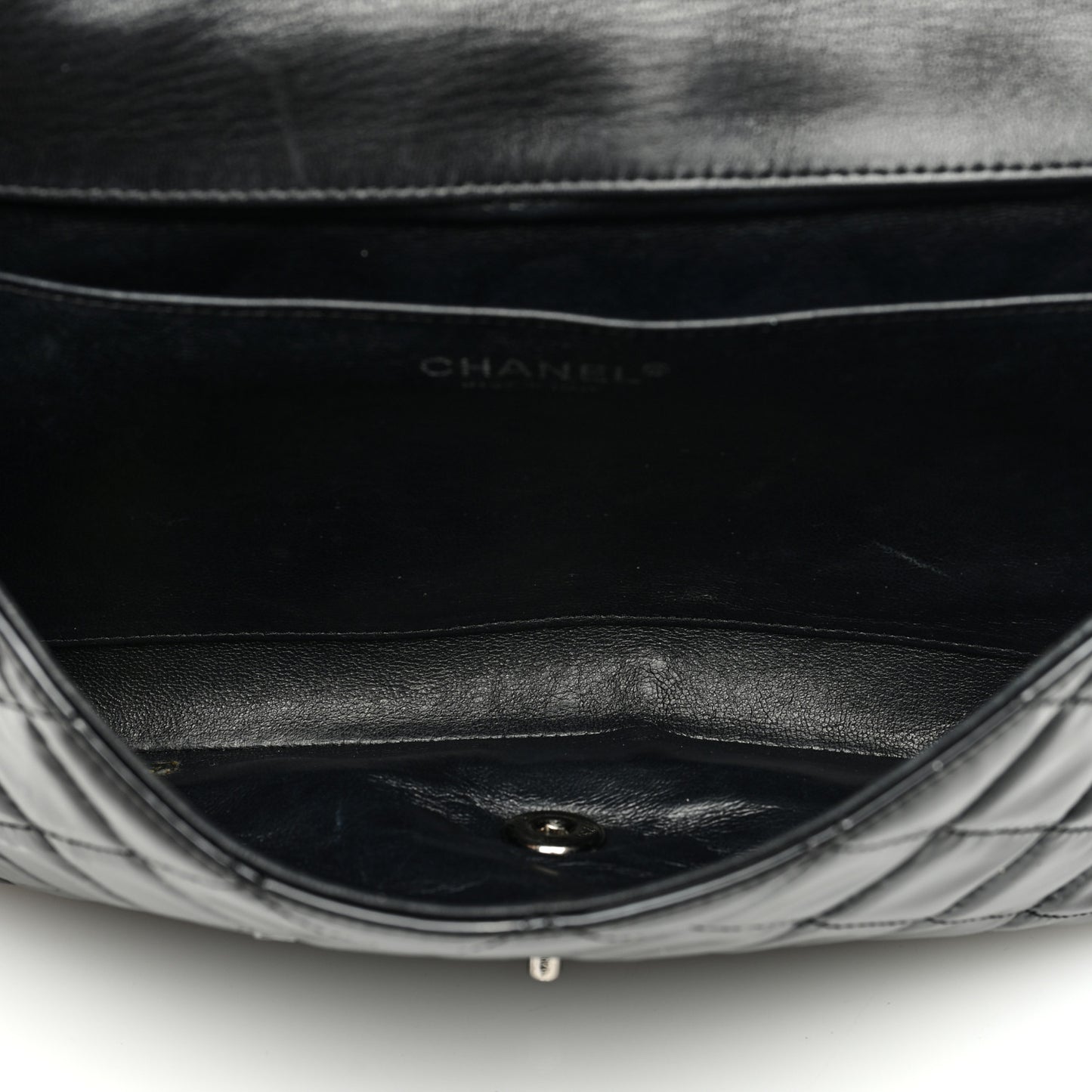 Patent Quilted Clutch with Chain Flap Black