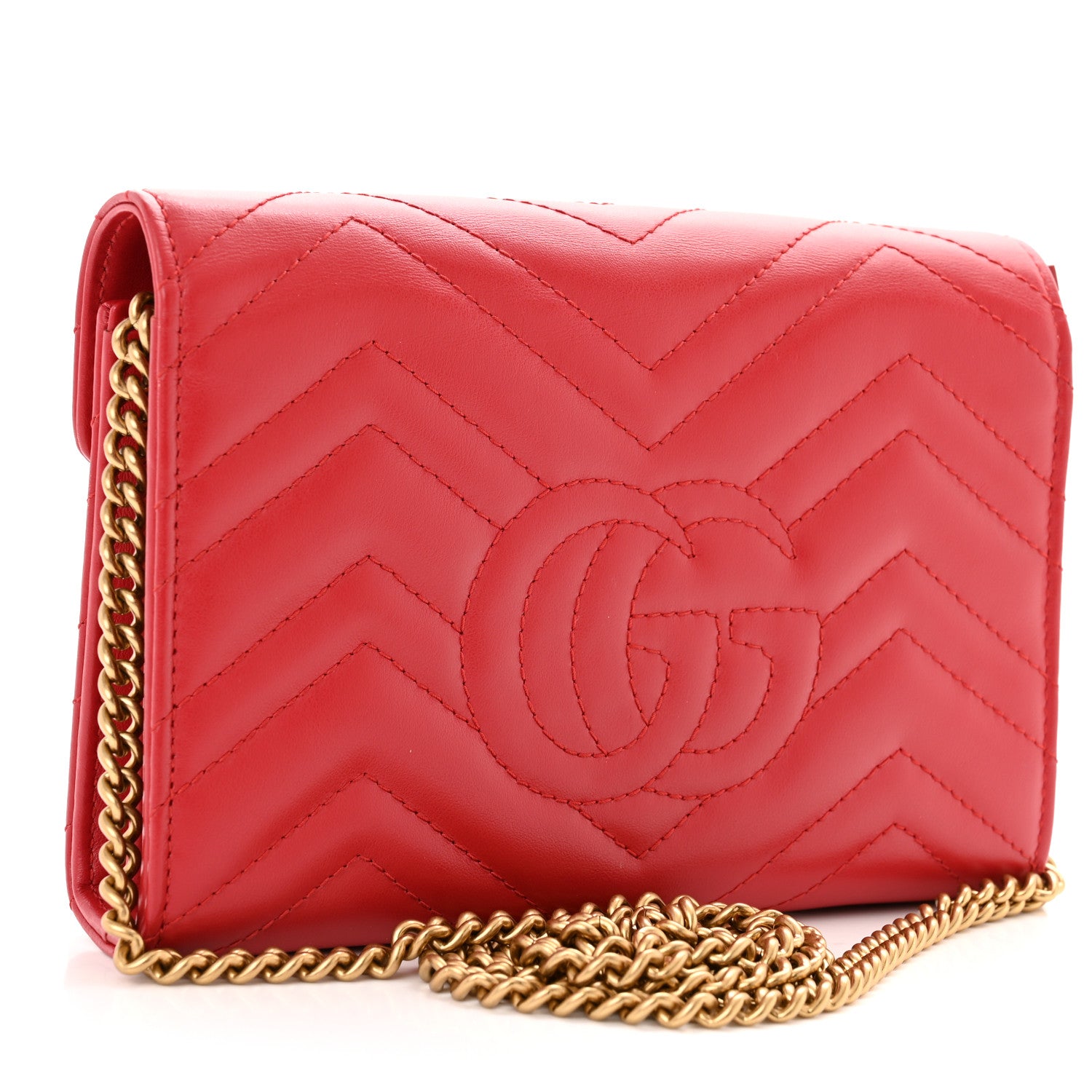 Gucci Calfskin Matelasse GG Marmont Chain Wallet Hibiscus Red 3 of 12