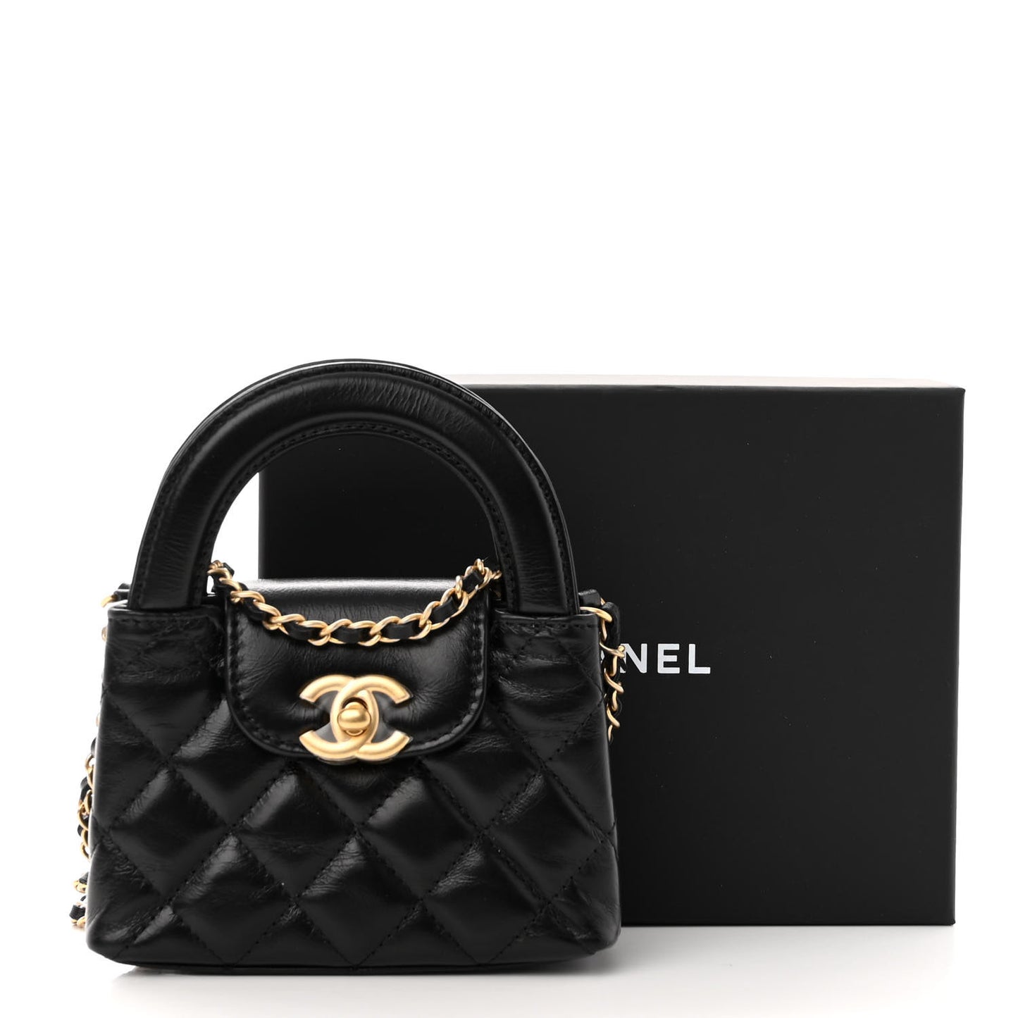Shiny Aged Calfskin Quilted Mini Nano Kelly Shopper Black