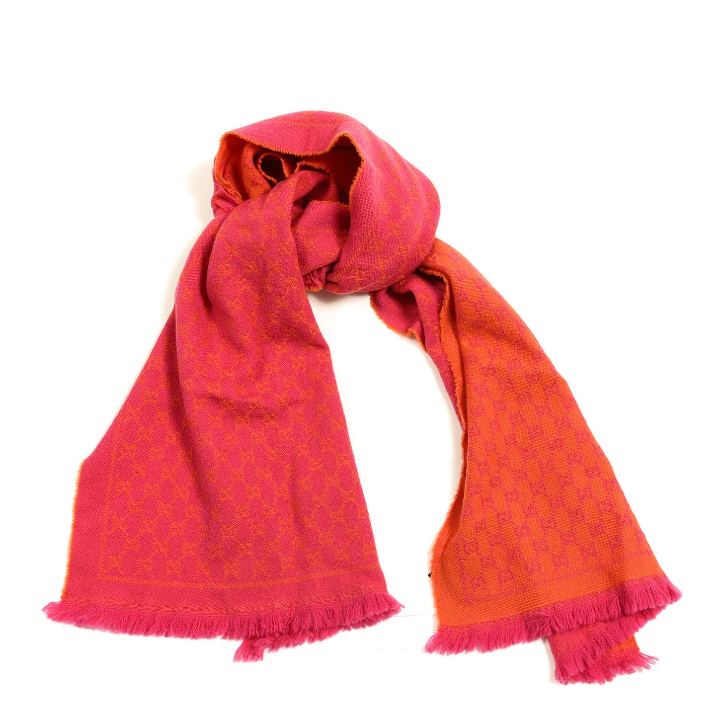 Wool GG Monogram Reversible New Sten Fringe Scarf Orange Pink