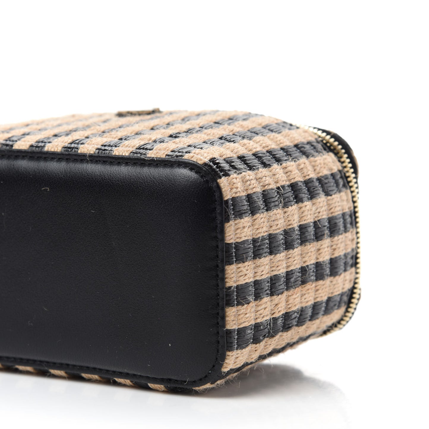 Raffia Jute Striped Small Vanity Case With Chain Black Beige