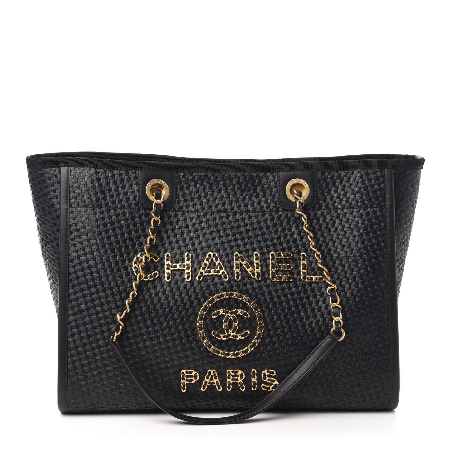 Woven Straw Raffia Small Deauville Tote Black