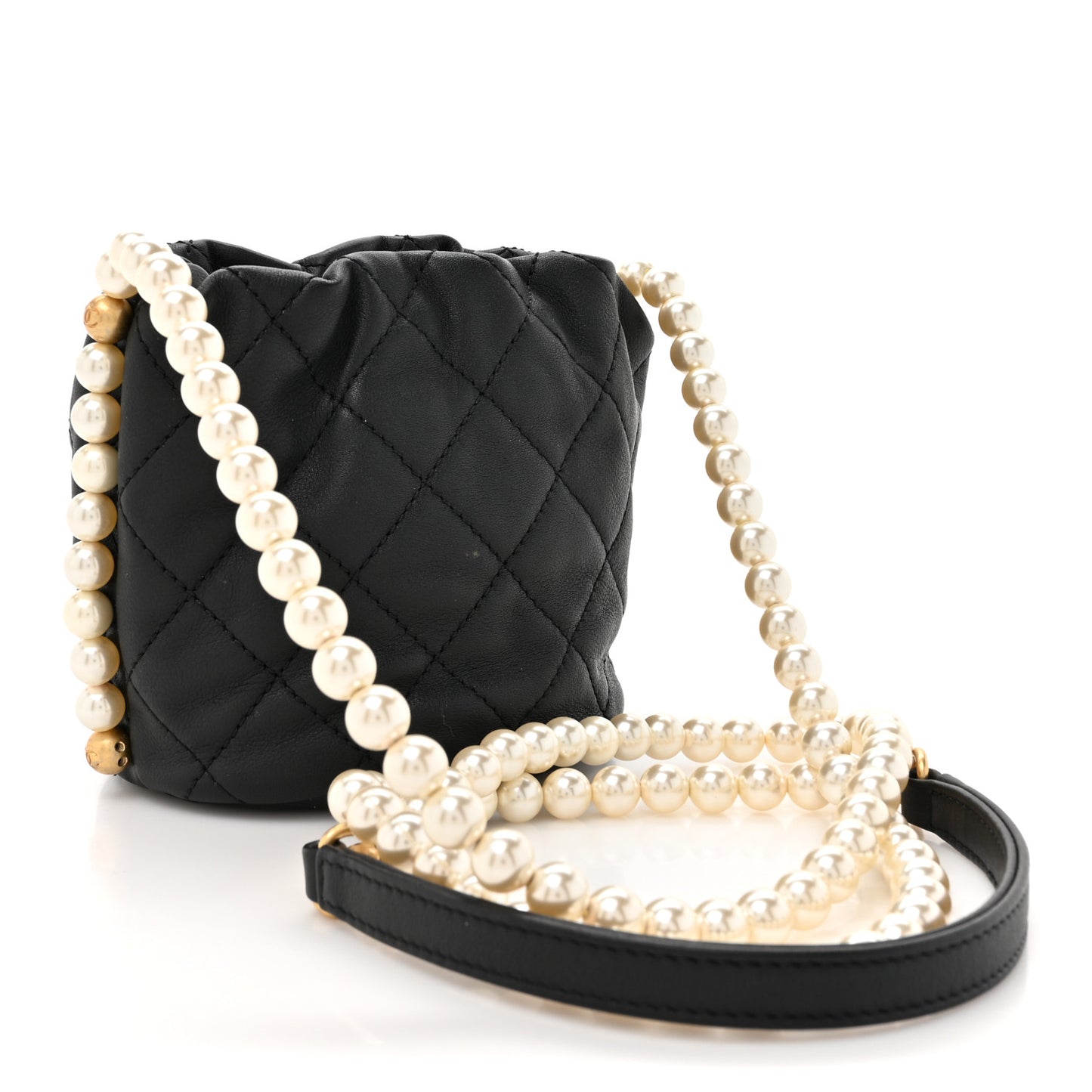 Calfskin Quilted Pearl Mini About Pearls Drawstring Bucket Bag Black