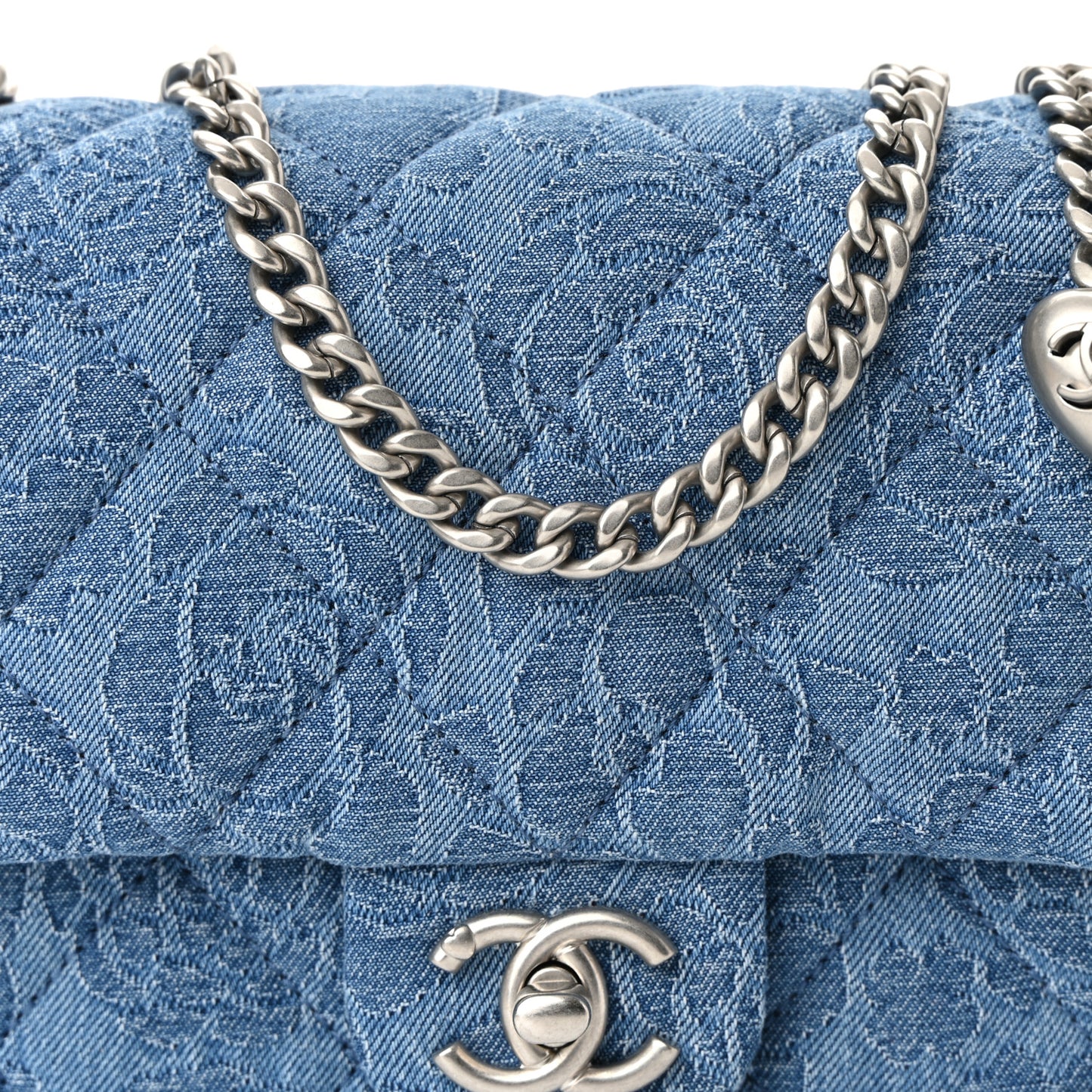 Denim Quilted Camellia Sweetheart Mini Flap Blue
