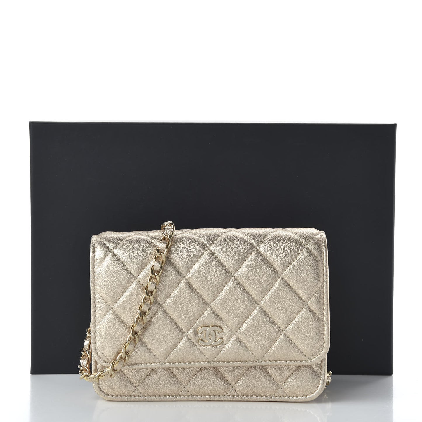 Metallic Lambskin Quilted Mini Wallet On Chain WOC Gold