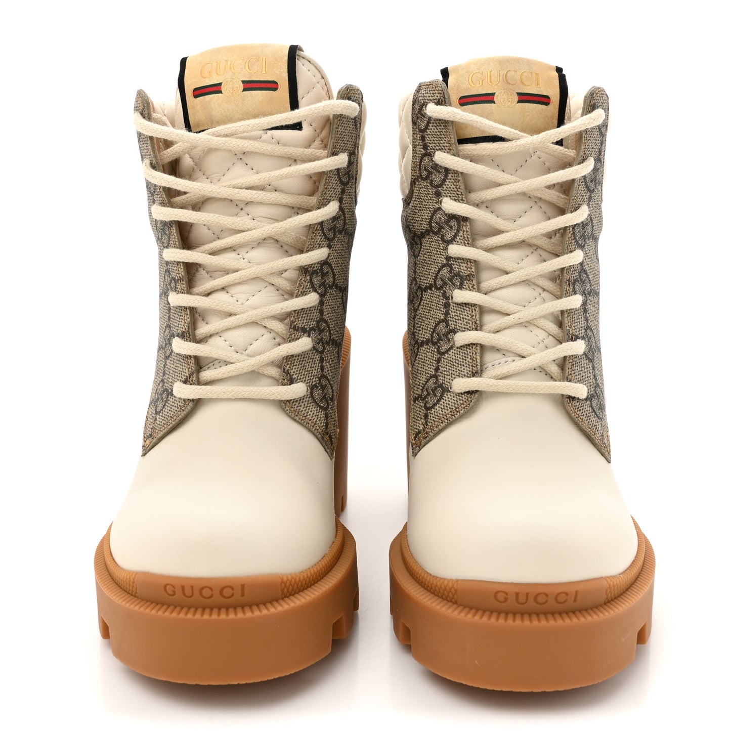 Calfskin GG Supreme Monogram Nappa Quilted Lace Up Ankle Boots 35 Mystic White Beige