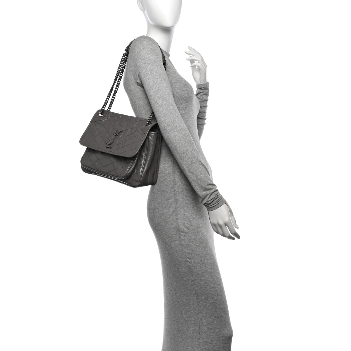 Crinkled Calfskin Matelasse Monogram Medium Niki Chain Satchel Fog