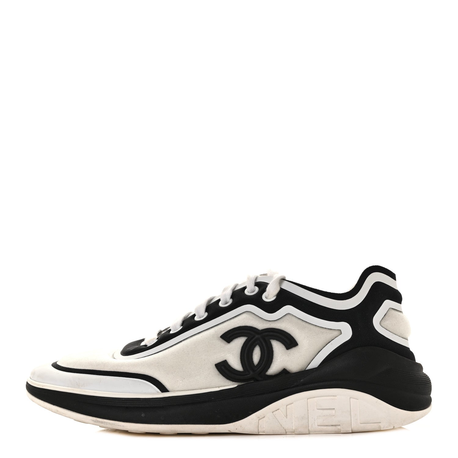 Chanel Lycra Womens CC Sneakers 38.5 White Black 1 of 6