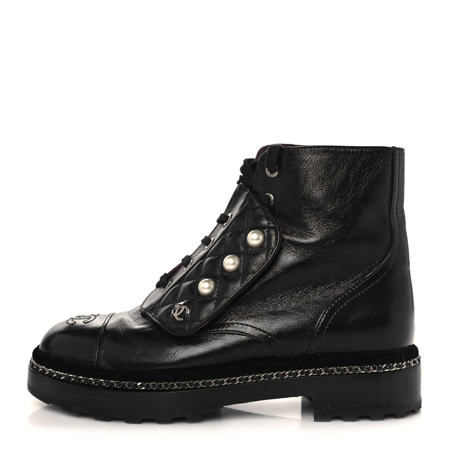 Crackled Calfskin Velvet Pearl Combat Short Boots 37 Black