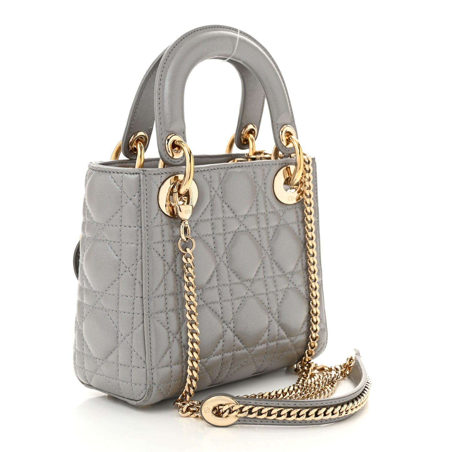Metallic Lambskin Cannage Mini Lady Dior Grey