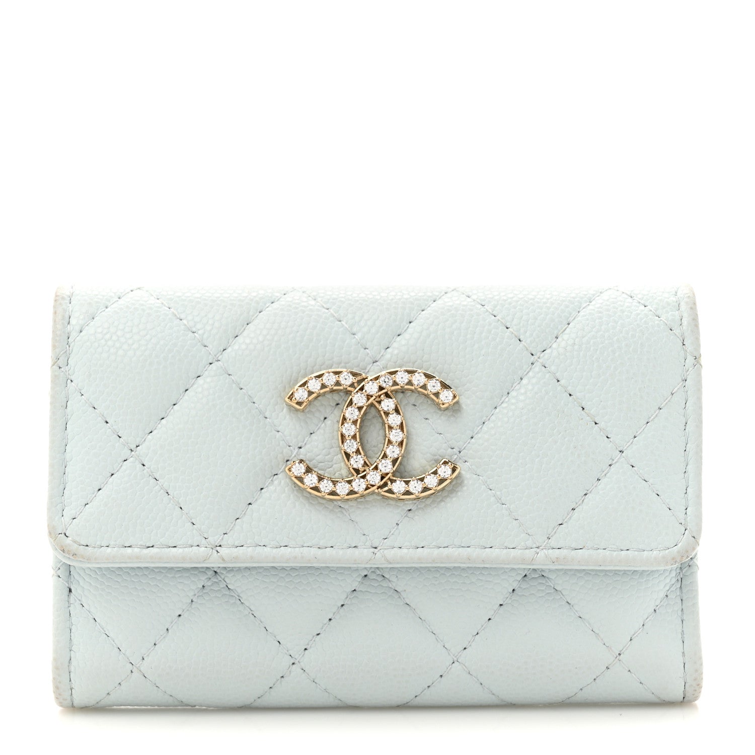 ☆CHANEL キルティング デザイン ウォレット☆ Chanel Shiny Caviar Quilted Crystal CC Flap Card Holder Light Blue
