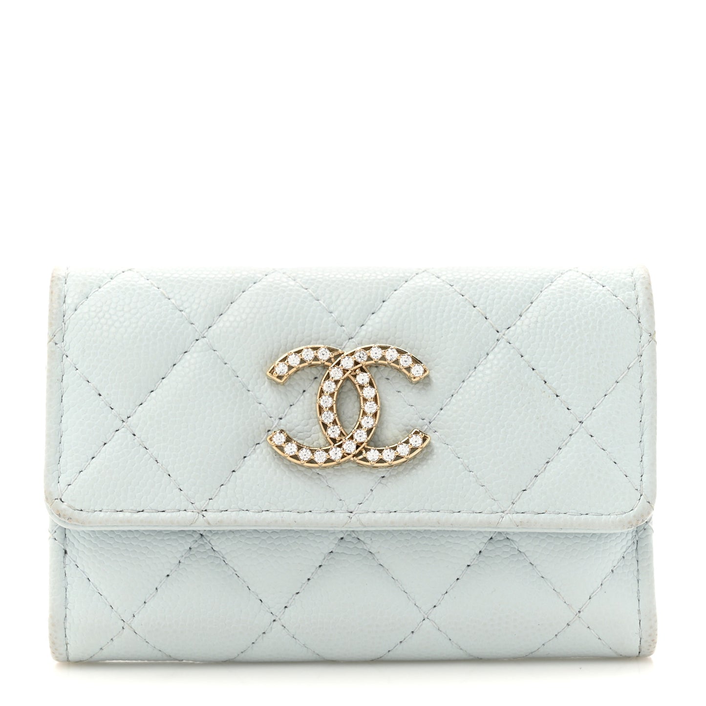 Shiny Caviar Quilted Crystal CC Flap Card Holder Light Blue
