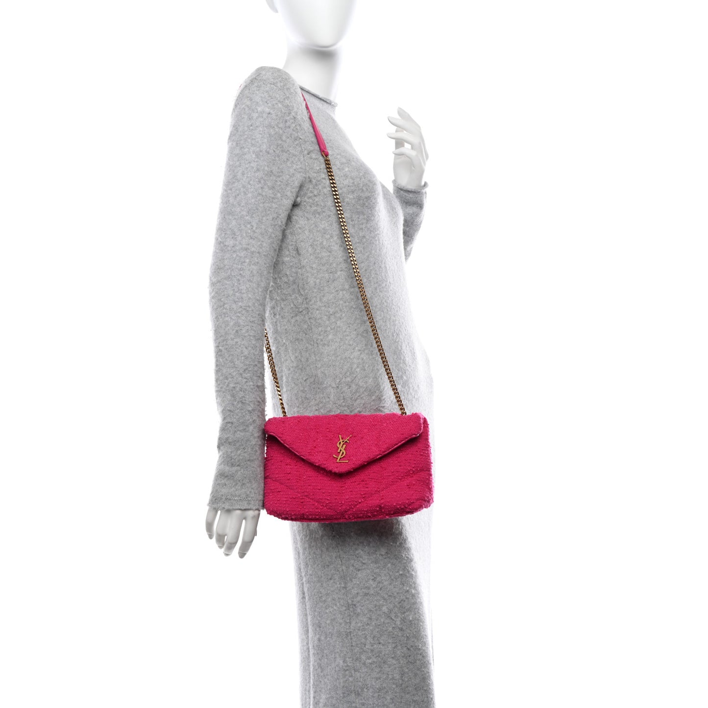 SAINT LAURENT Boucle Tweed Quilted Toy Loulou Puffer Monogram Chain Satchel Magenta