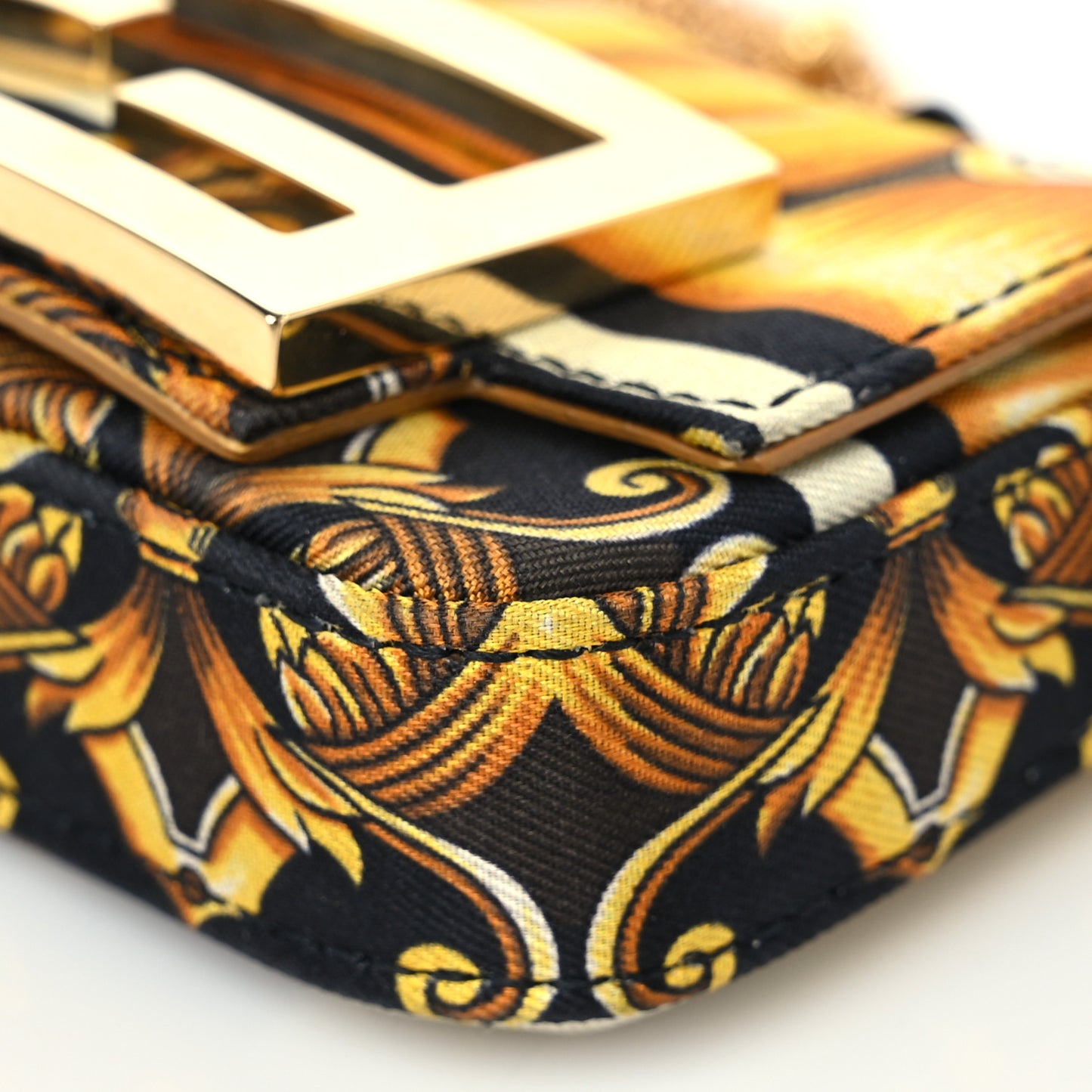 X VERSACE Silk Fendace FF Baroque Nano Brooch Baguette Black Gold