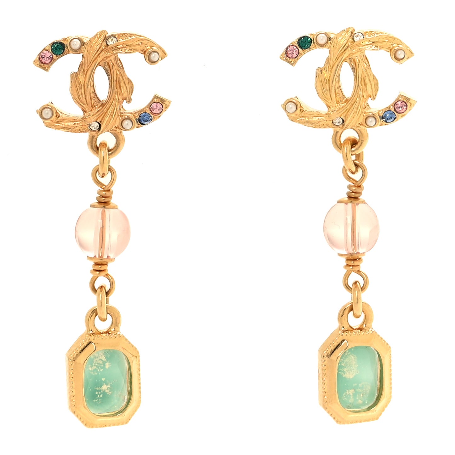Crystal Pearl Glitter CC Drop Earrings Gold Green Pink