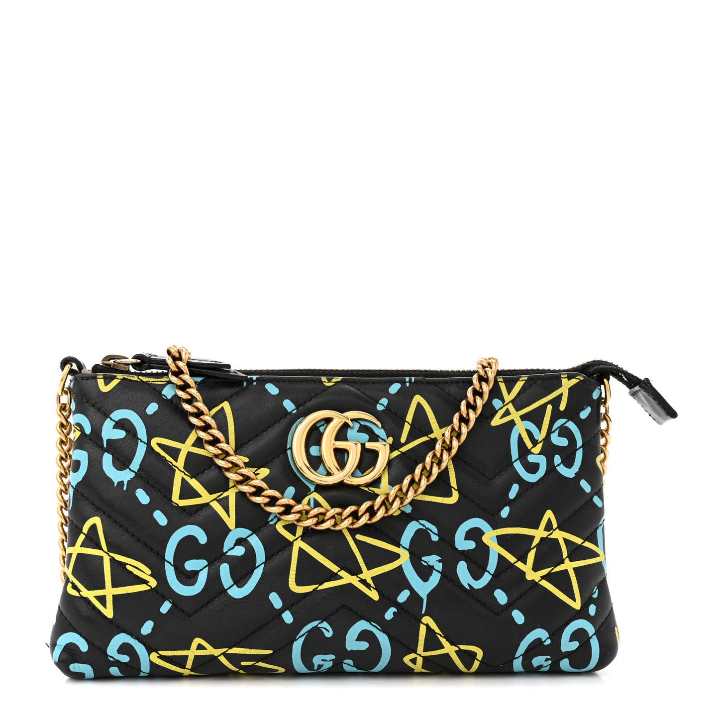 Calfskin Matelasse Printed Mini GucciGhost GG Marmont Chain Bag Black New Acquamarine