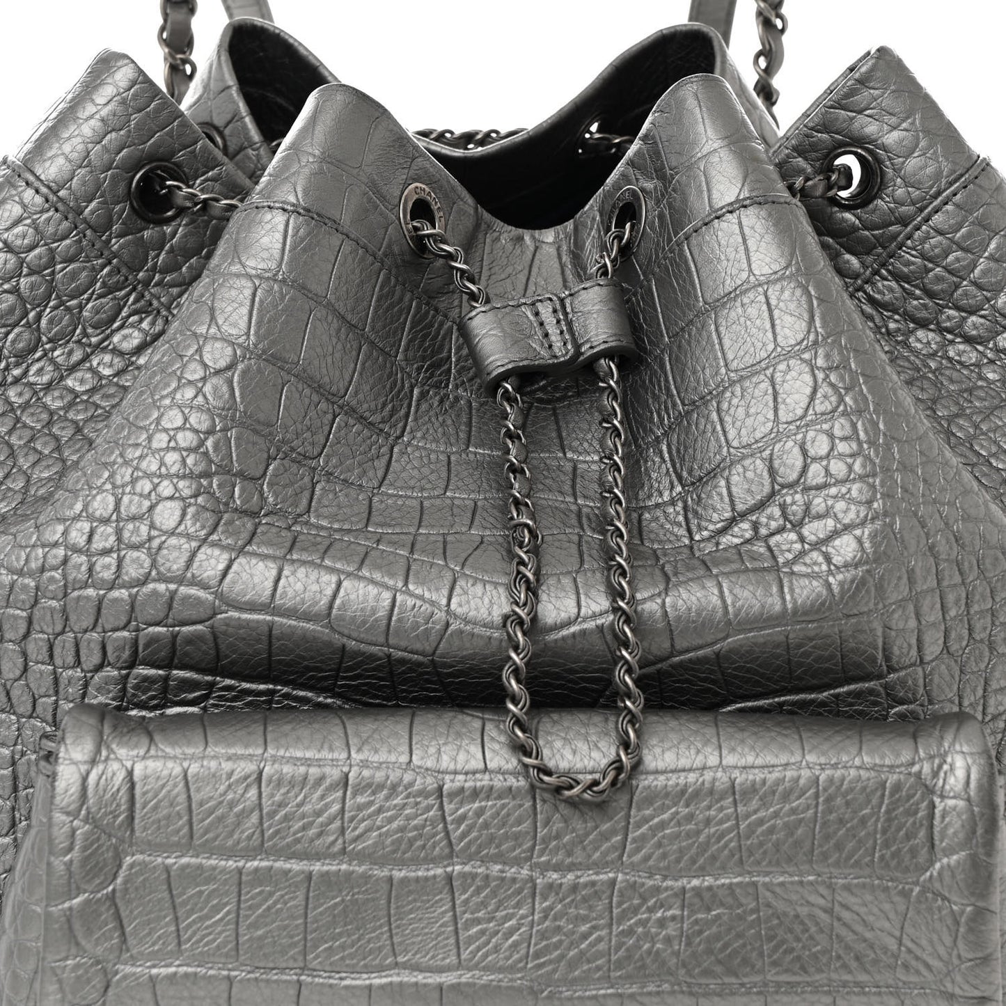 Metallic Calfskin Crocodile Embossed Large Backpack Silver