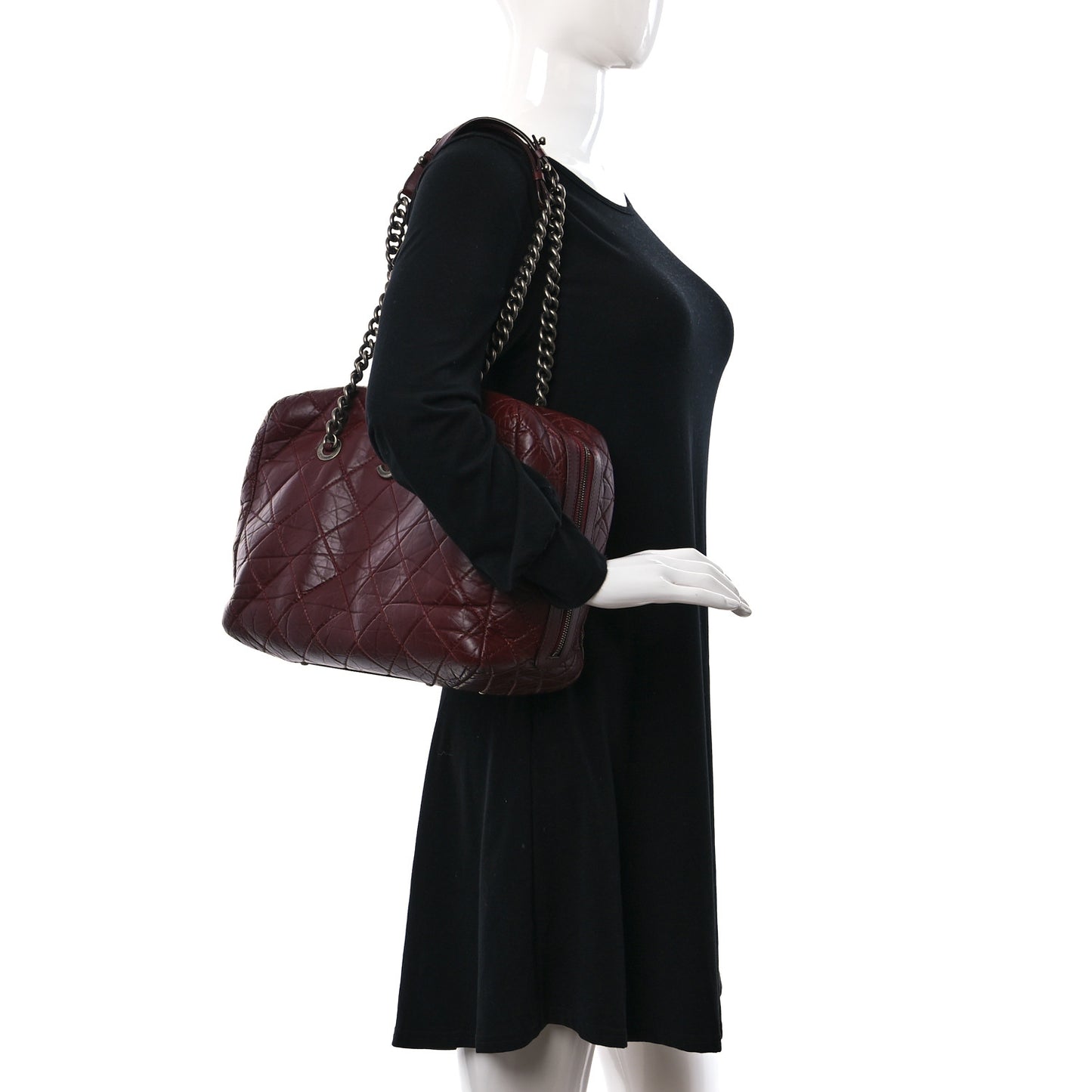 Aged Calfskin Quilted Large Secret Tag Bowling Bag Burgundy
