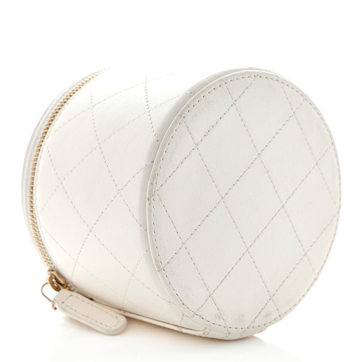 Lambskin Quilted Round Small Vanity Case With Chain White Black