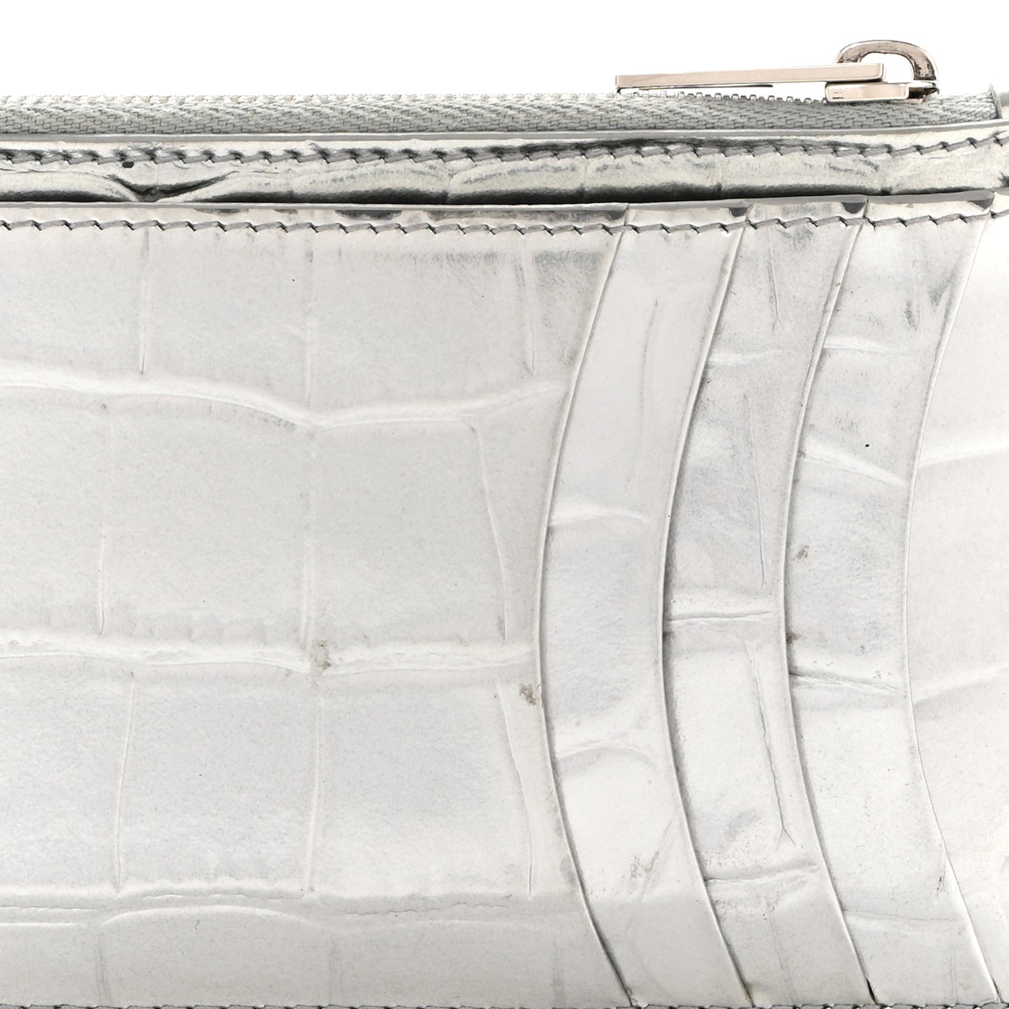 Metallic Calfskin Crocodile Embossed Hourglass Long Coin Case Card Holder Silver