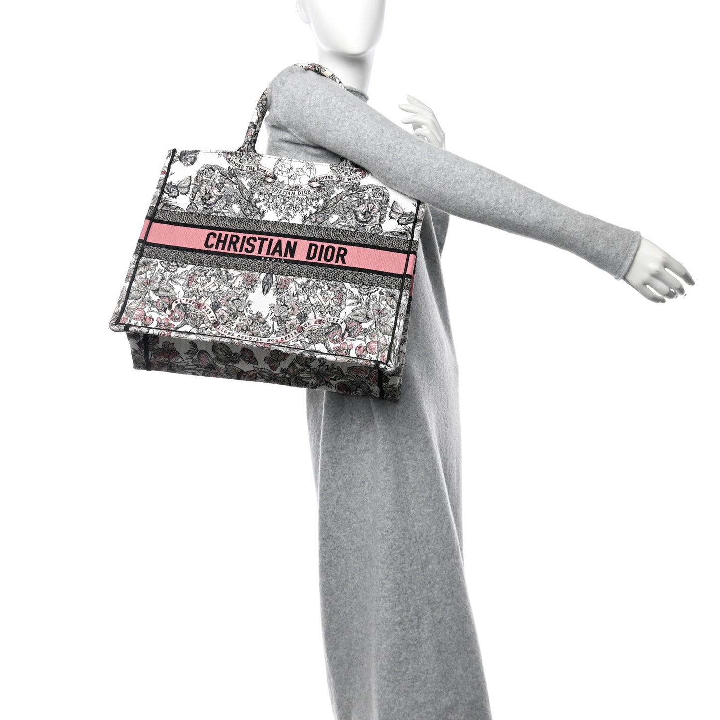 Canvas Embroidered Large Butterfly Around The World Book Tote White Pastel Pink