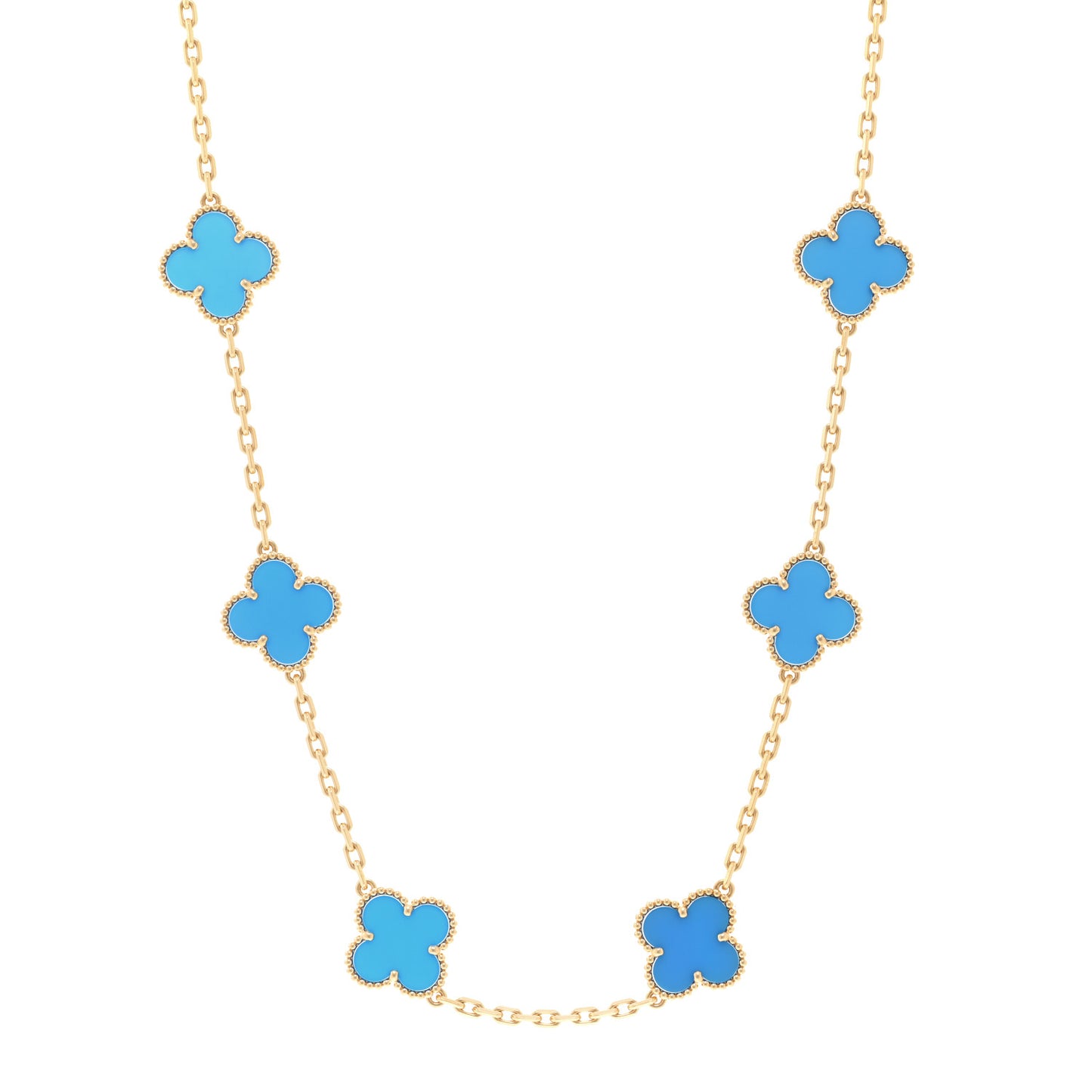 18K Yellow Gold Blue Agate 10 Motifs Vintage Alhambra Necklace