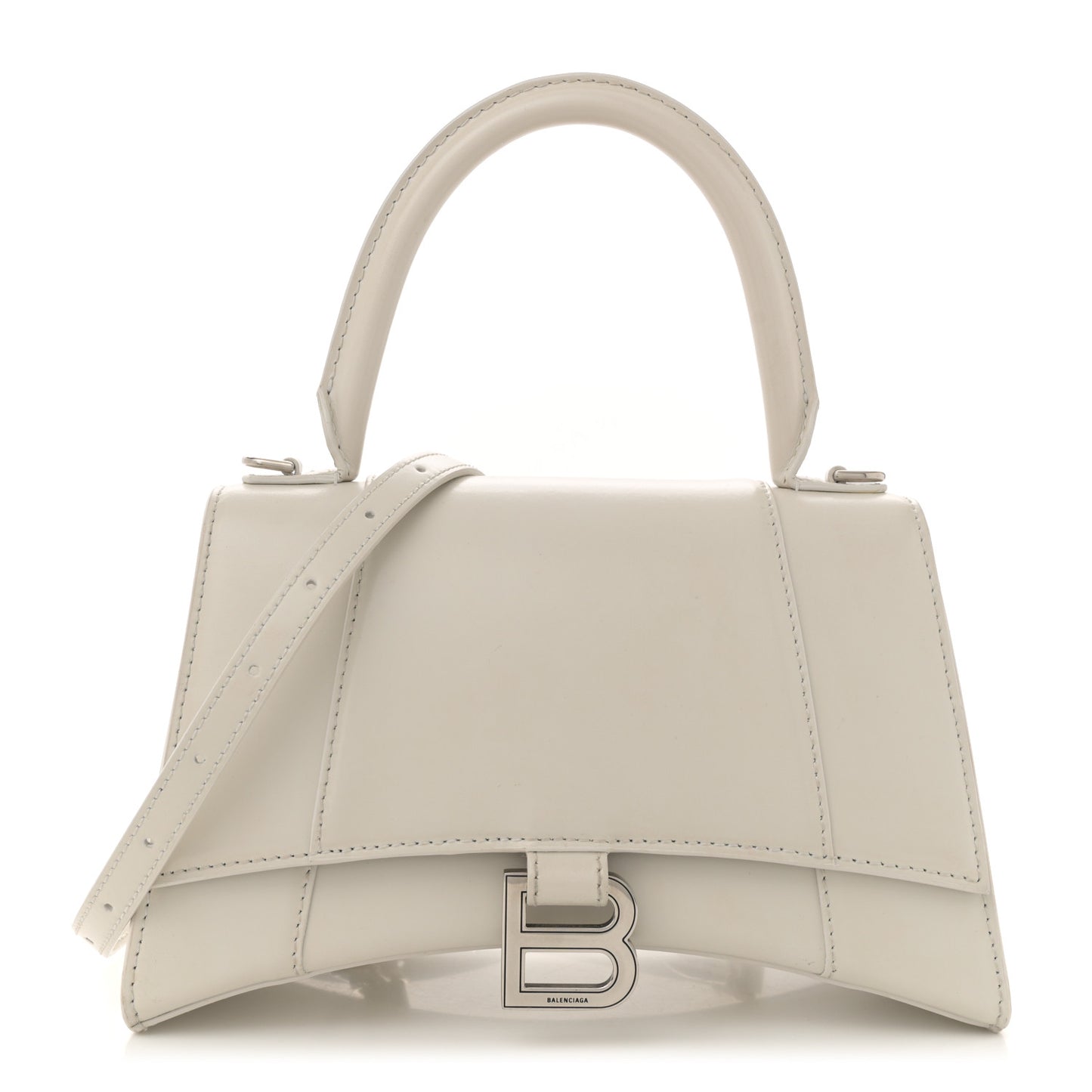Shiny Box Calfskin Tonal B Small Hourglass Top Handle Bag Chalky White