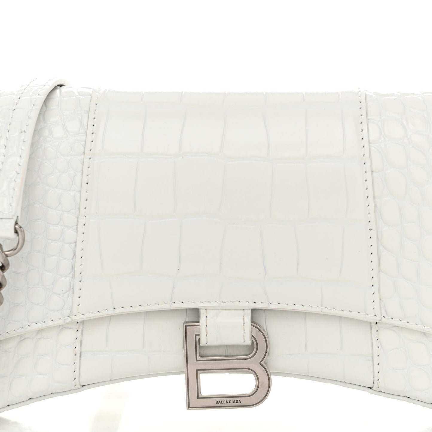 Shiny Calfskin Crocodile Embossed Small Hourglass Evening Chain Bag White