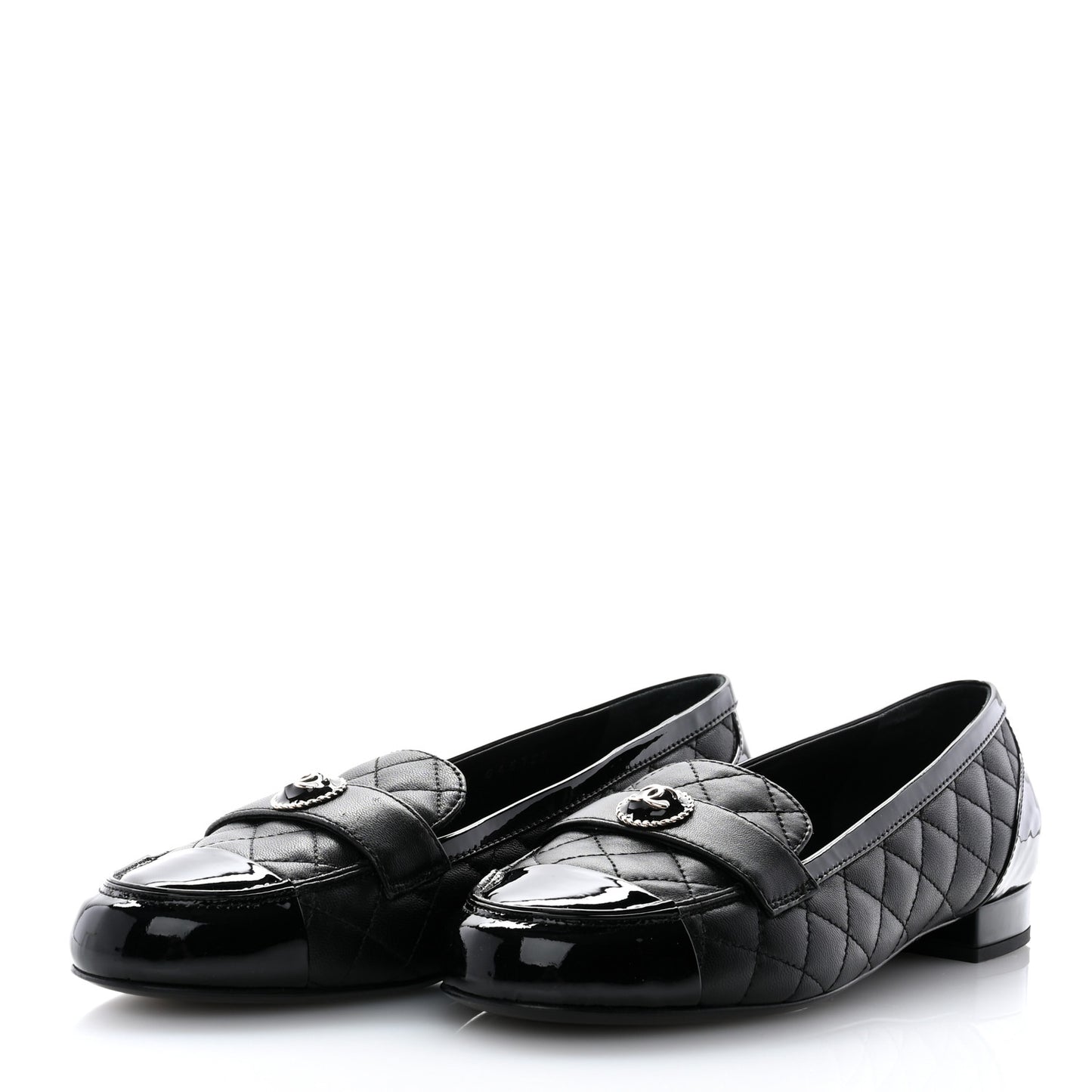 Lambskin Quilted Patent Calfskin Cap Toe CC Loafers 40 Black