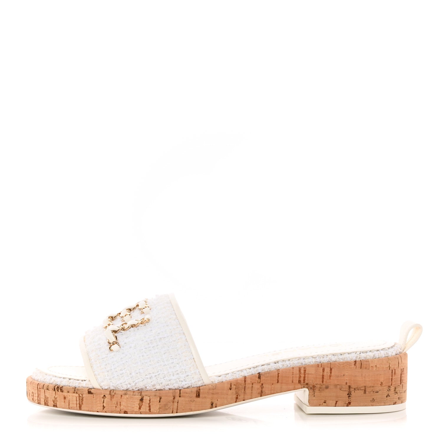 CHANEL サンダル ホワイト チェーン コルクソール Chanel Tweed Cork CC Chain Mule Sandal 38 White 1378247 – FASHIONPHILE