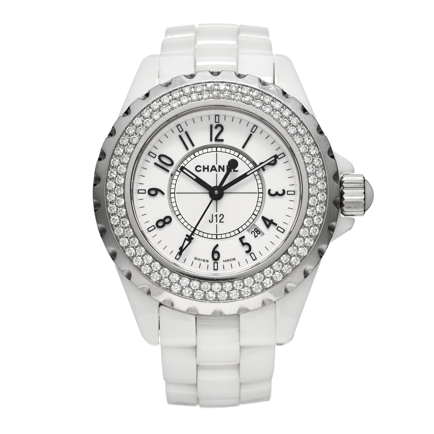 Stainless Steel Ceramic Diamond Pave Bezel 33mm J12 Quartz Watch White