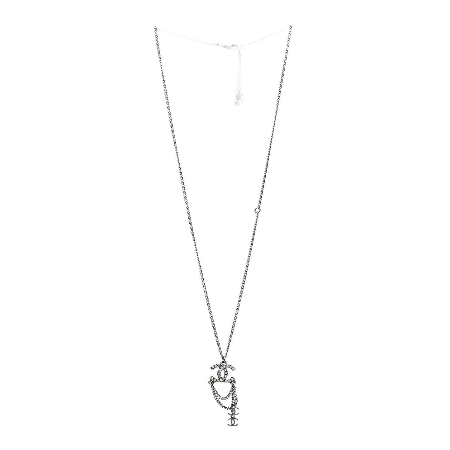 Ruthenium Pearl Chain CC Drop Necklace Silver