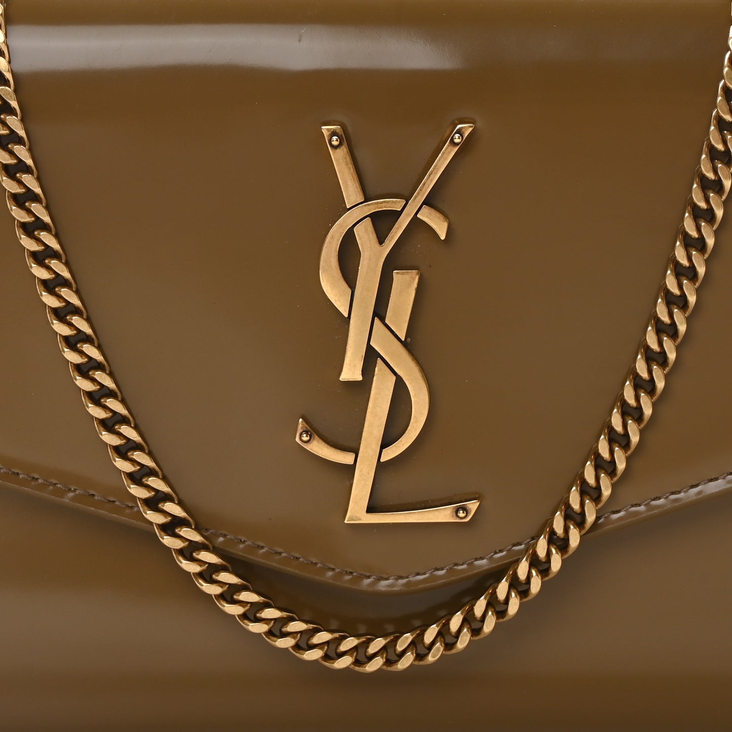 Patent Calfskin Uptown Chain Wallet Taupe