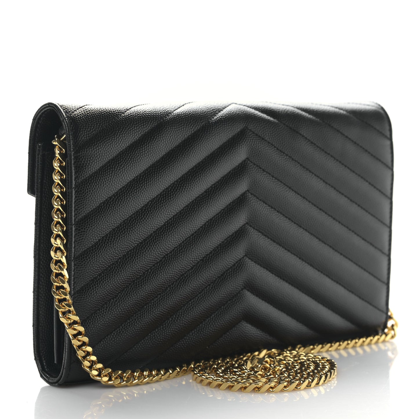 Grain De Poudre Matelasse Chevron Monogram Envelope Chain Wallet Black