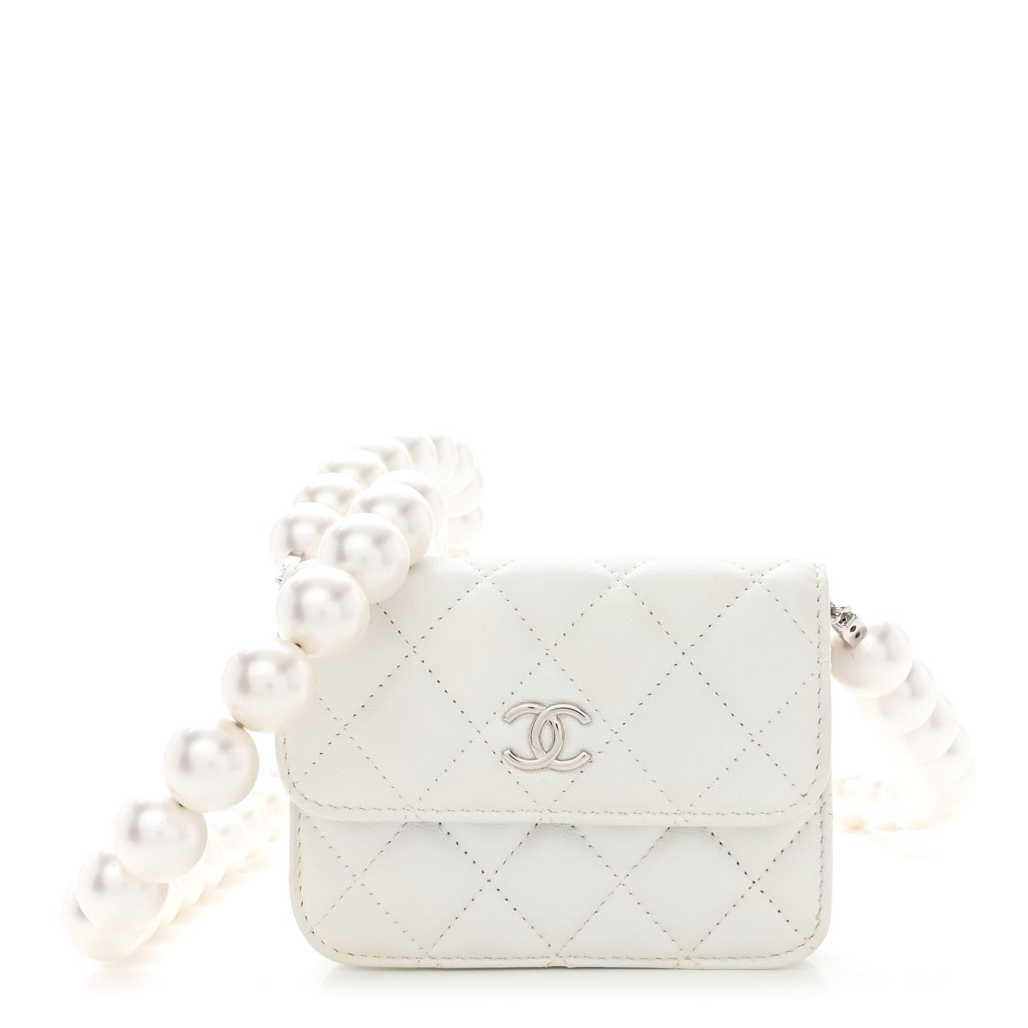 Chanel Calfskin Quilted Maxi Pearls Card Holder Flap With Chain White 1 of 11