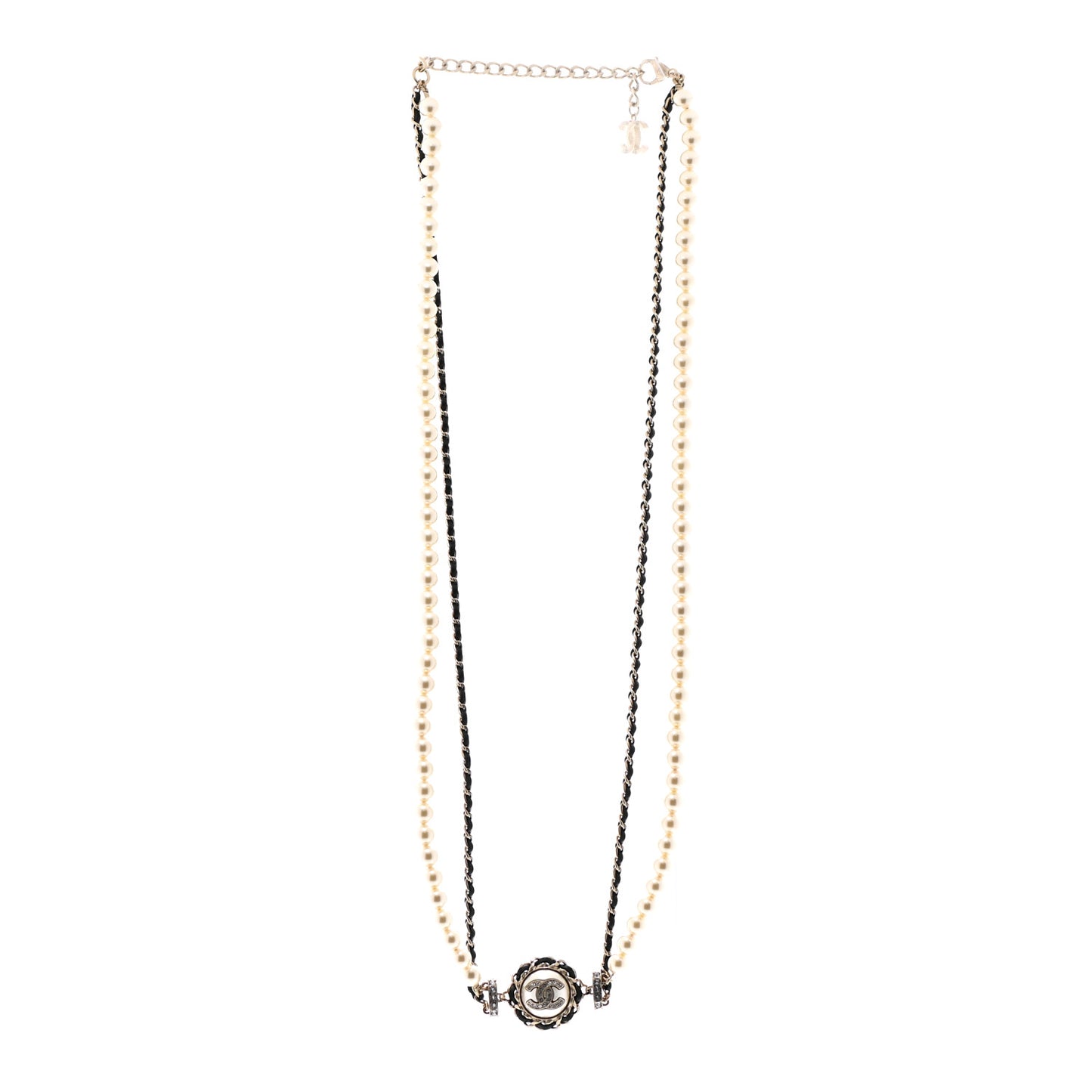 Pearl Crystal Lambskin CC Long Necklace Gold Black