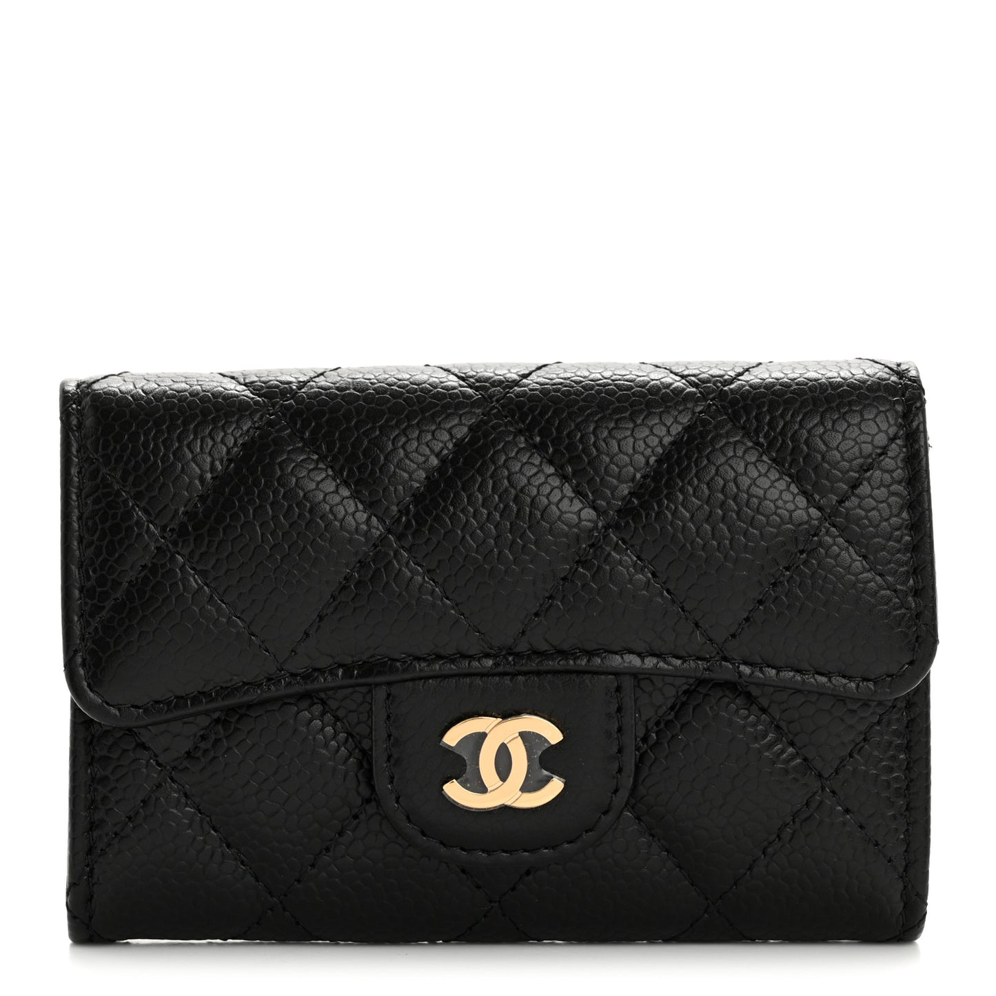 Caviar Quilted Flap Card Holder Wallet Black