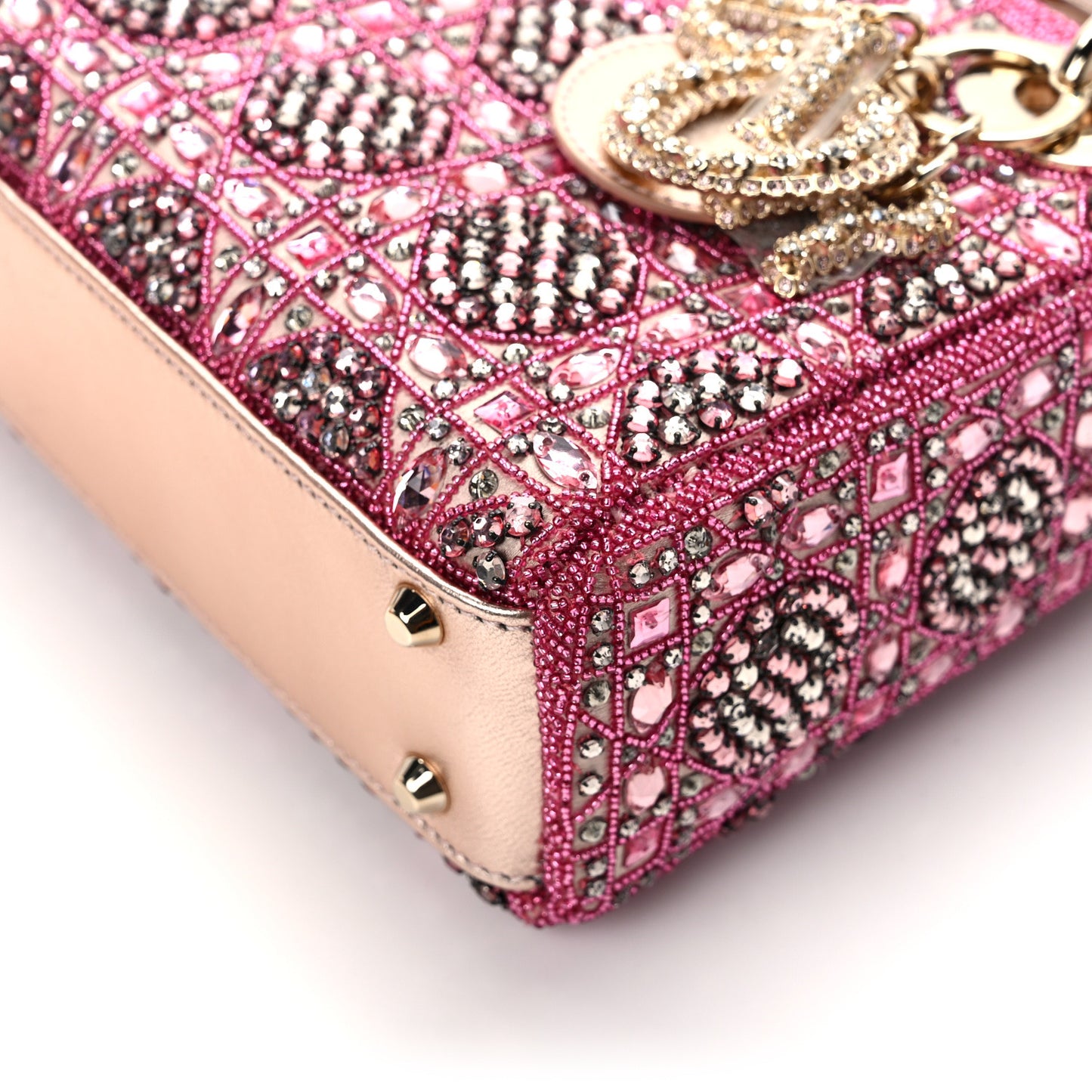 Metallic Calfskin Satin Celestial Bead Embroidery Cannage Mini Lady Dior Rose Des Vents