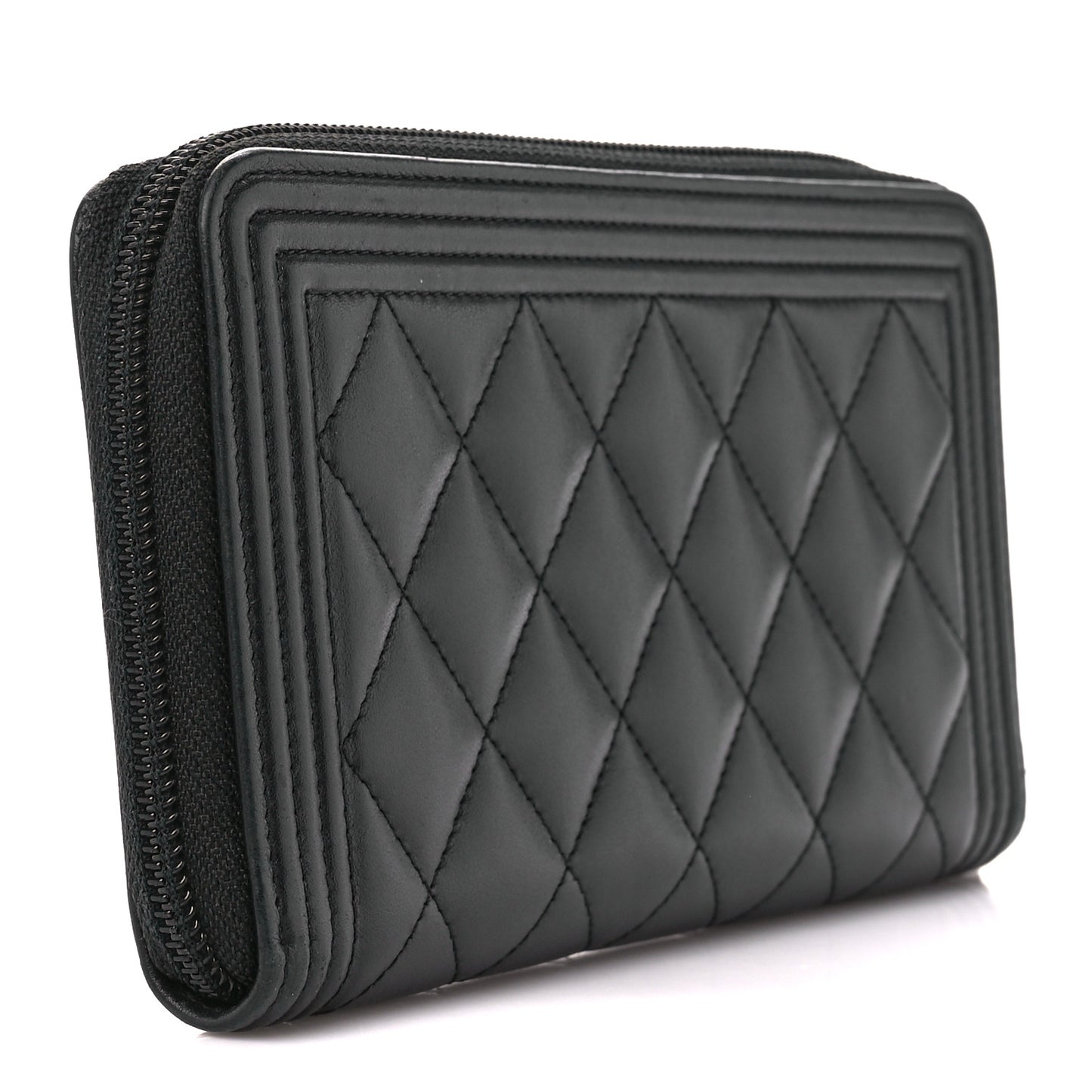 Lambskin Quilted Boy Long Zip Around Wallet Black