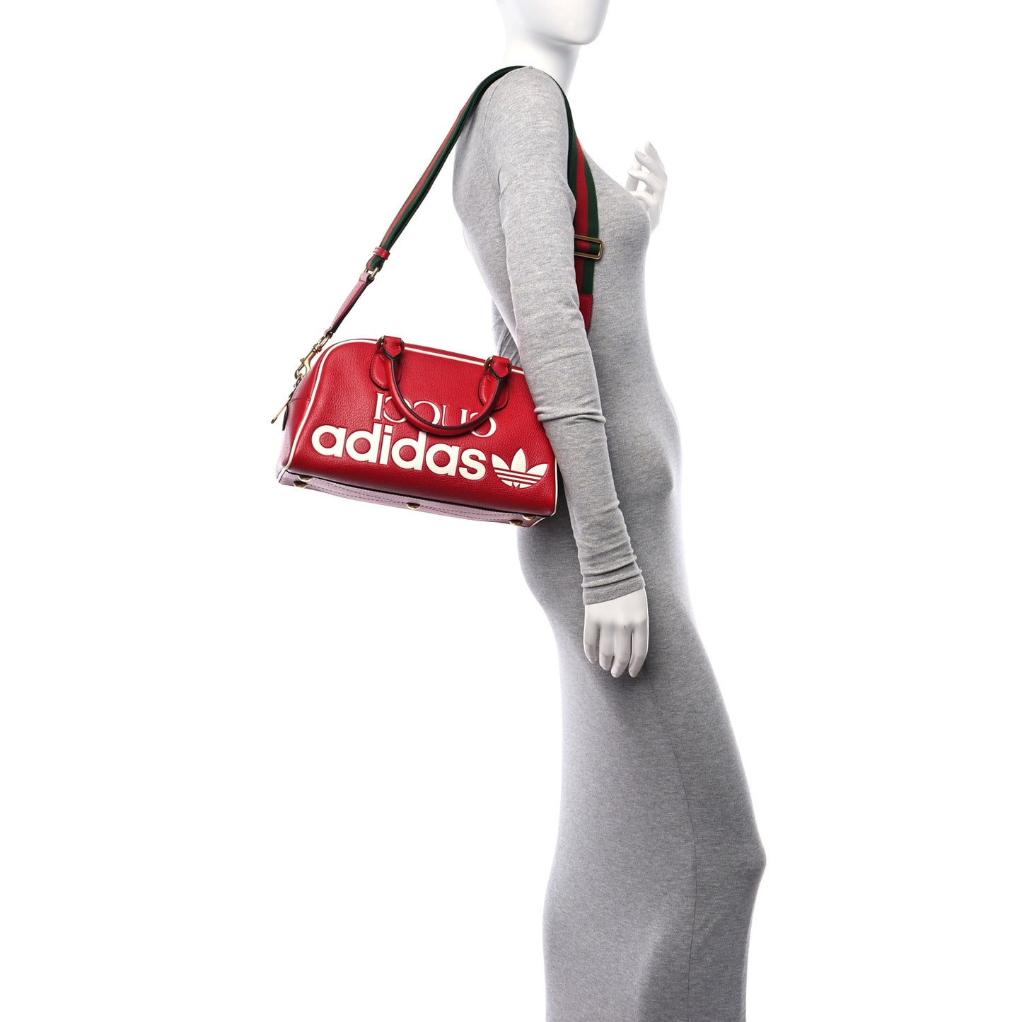 X ADIDAS Textured Dollar Calfskin Web Trefoil Logo Embossed Mini Bowling Bag Red Off White
