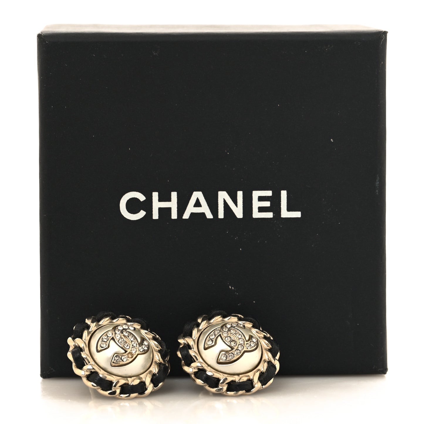 Pearl Crystal Lambskin CC Earrings Gold Black