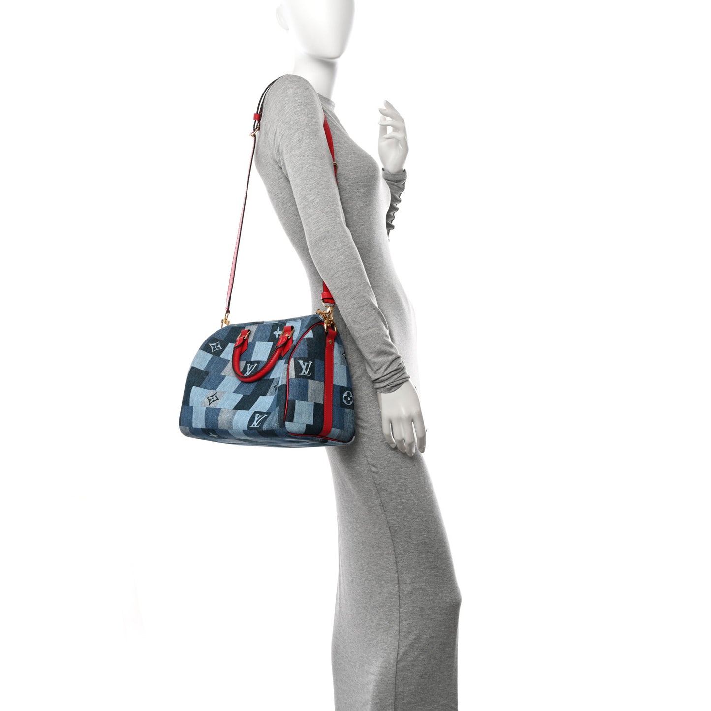 Denim Damier Monogram Patchwork Speedy Bandouliere 30 Blue Rouge