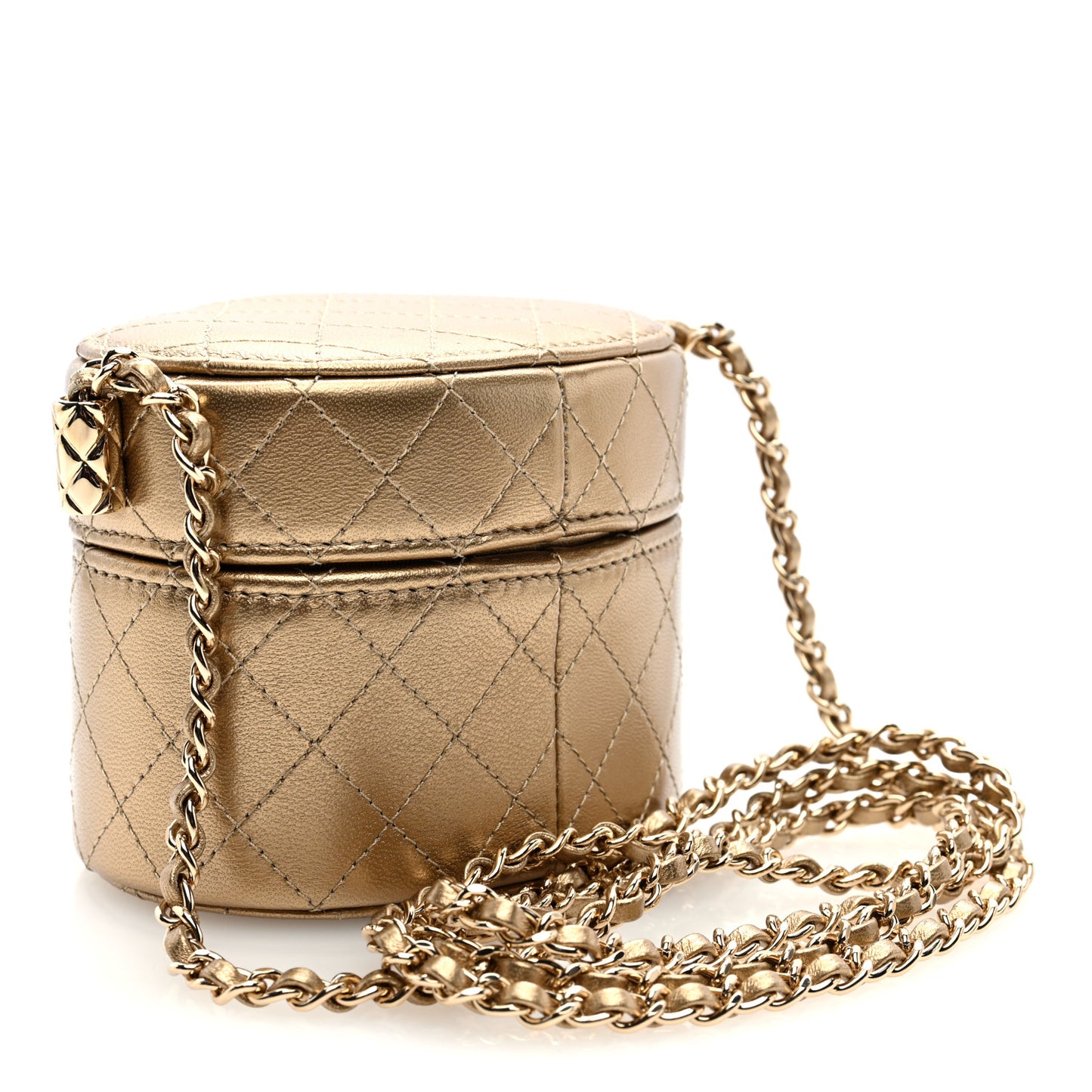 Metallic Lambskin Quilted Round Mini Vanity Case With Chain Gold