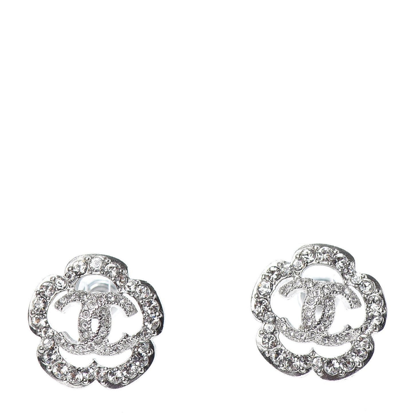Crystal Coco Flapper Camellia CC Stud Earrings Silver