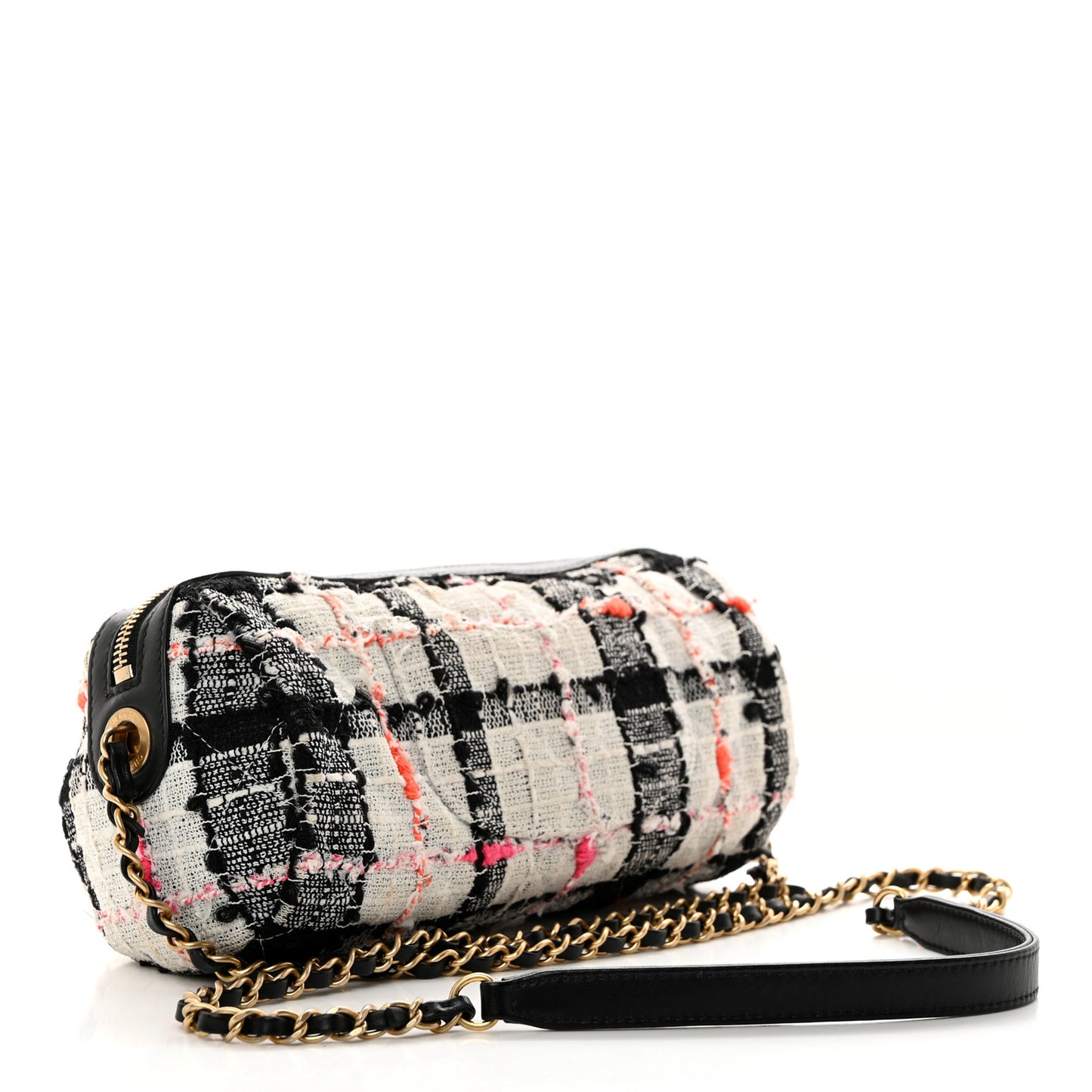 Tweed Calfskin Signe Bowling Bag White Black