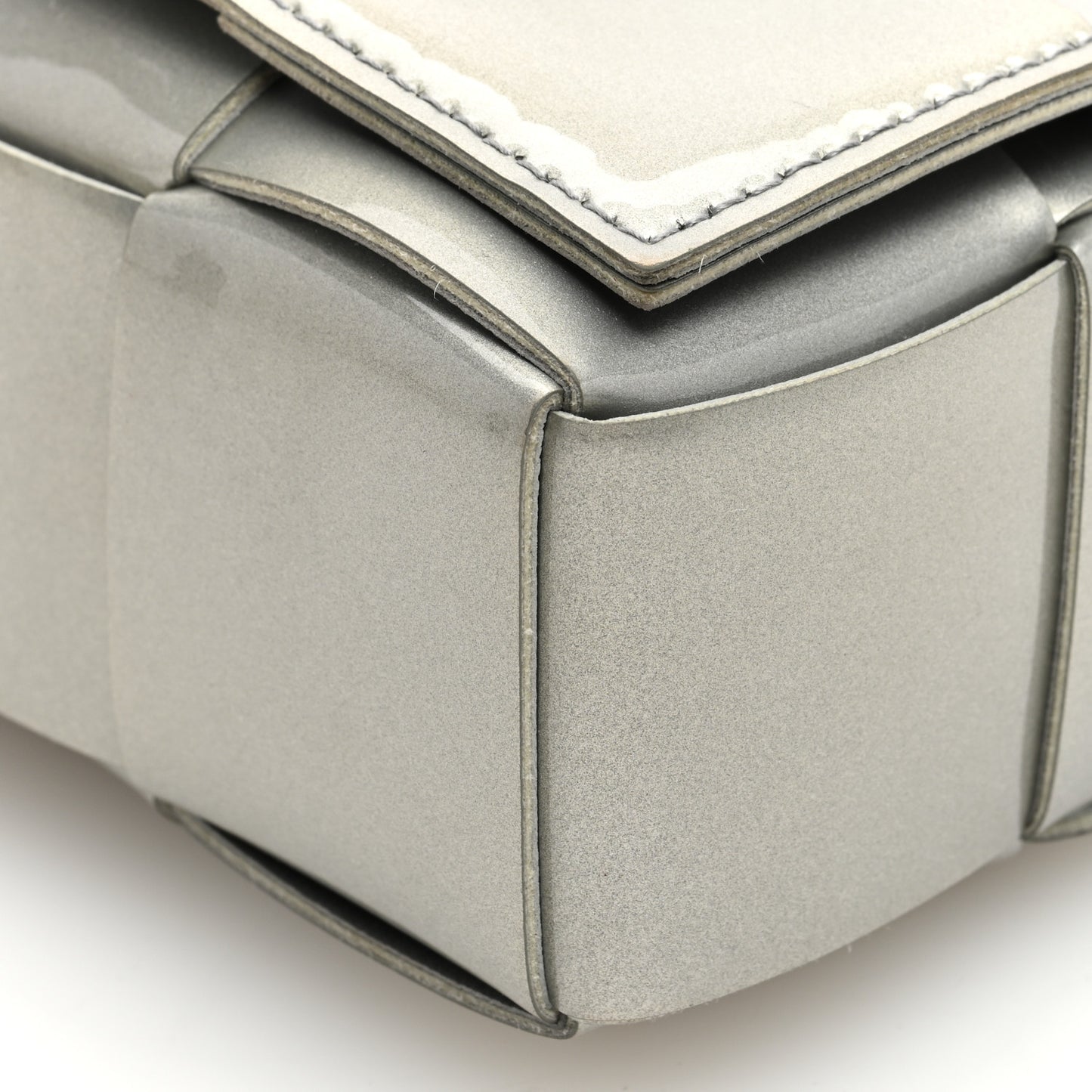 Metallic Patent Calfskin Maxi Intrecciato Extra Mini Cassette Crossbody Bag Silver
