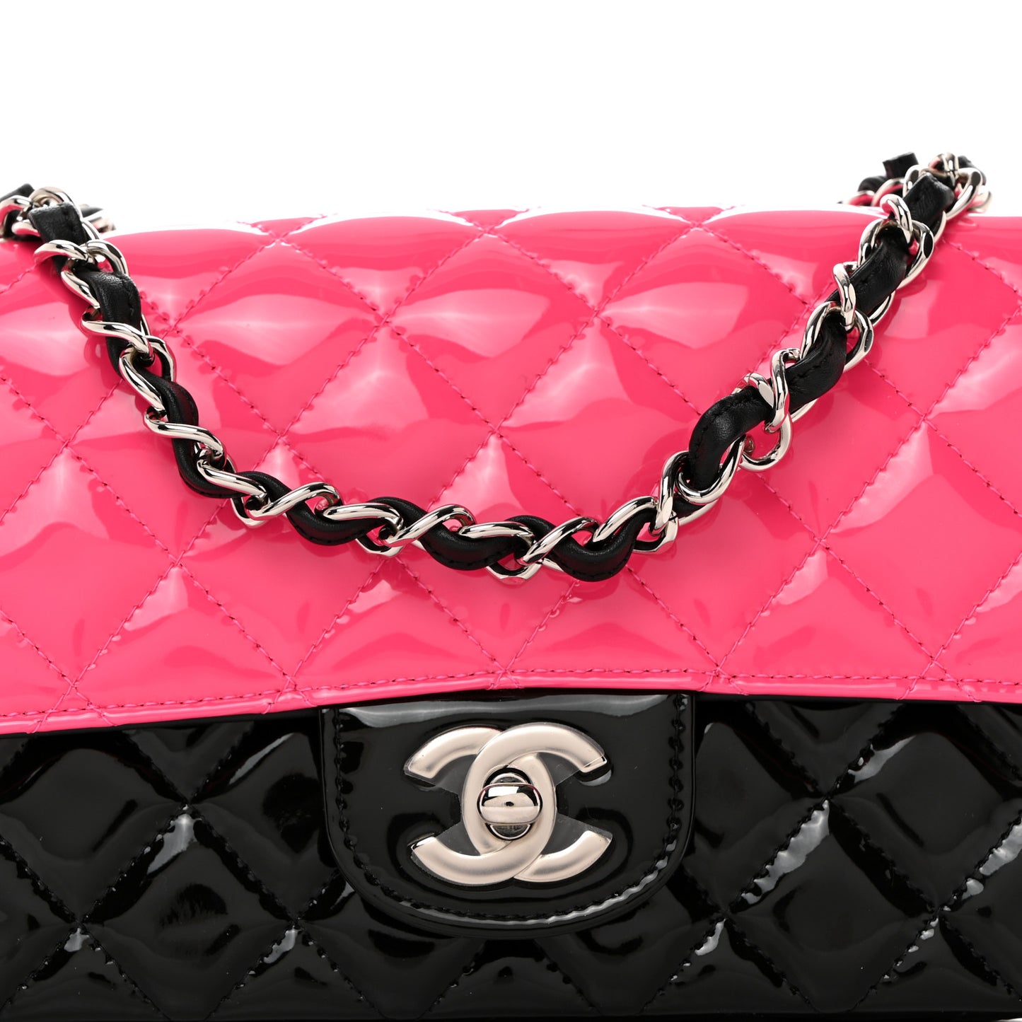Patent Calfskin Quilted Bi-Color Mini Rectangular Flap Pink Black
