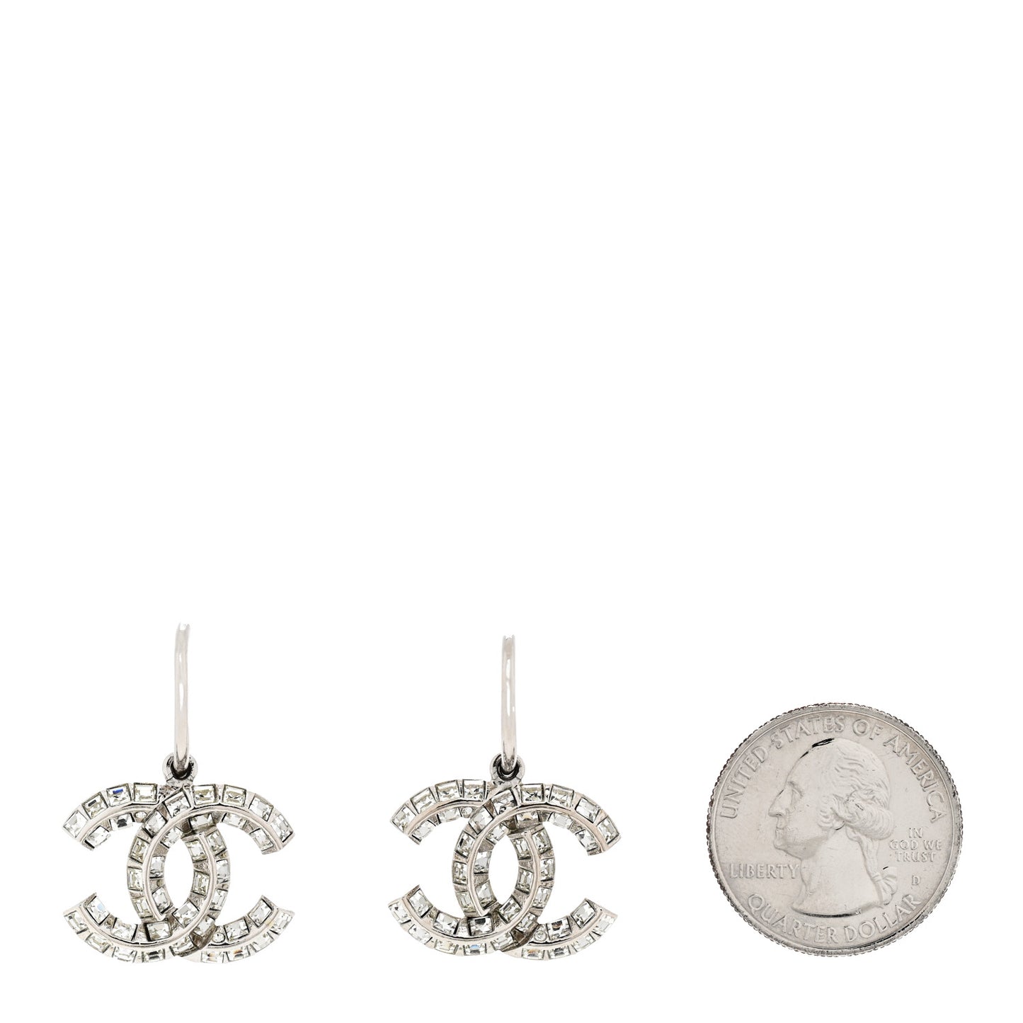 Baguette Crystal CC Drop Hoop Earrings Silver