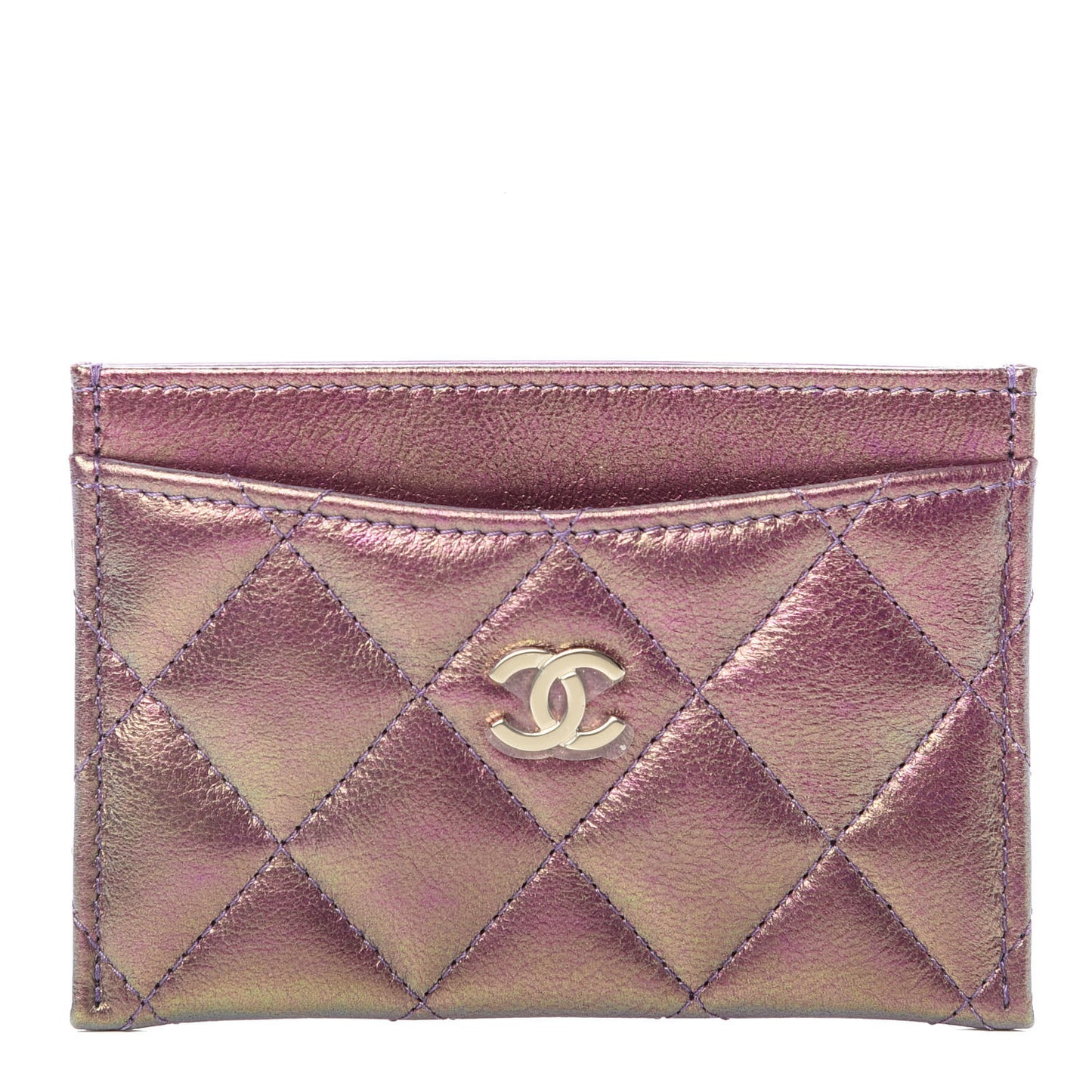 Iridescent Lambskin Quilted Card Holder Purple
